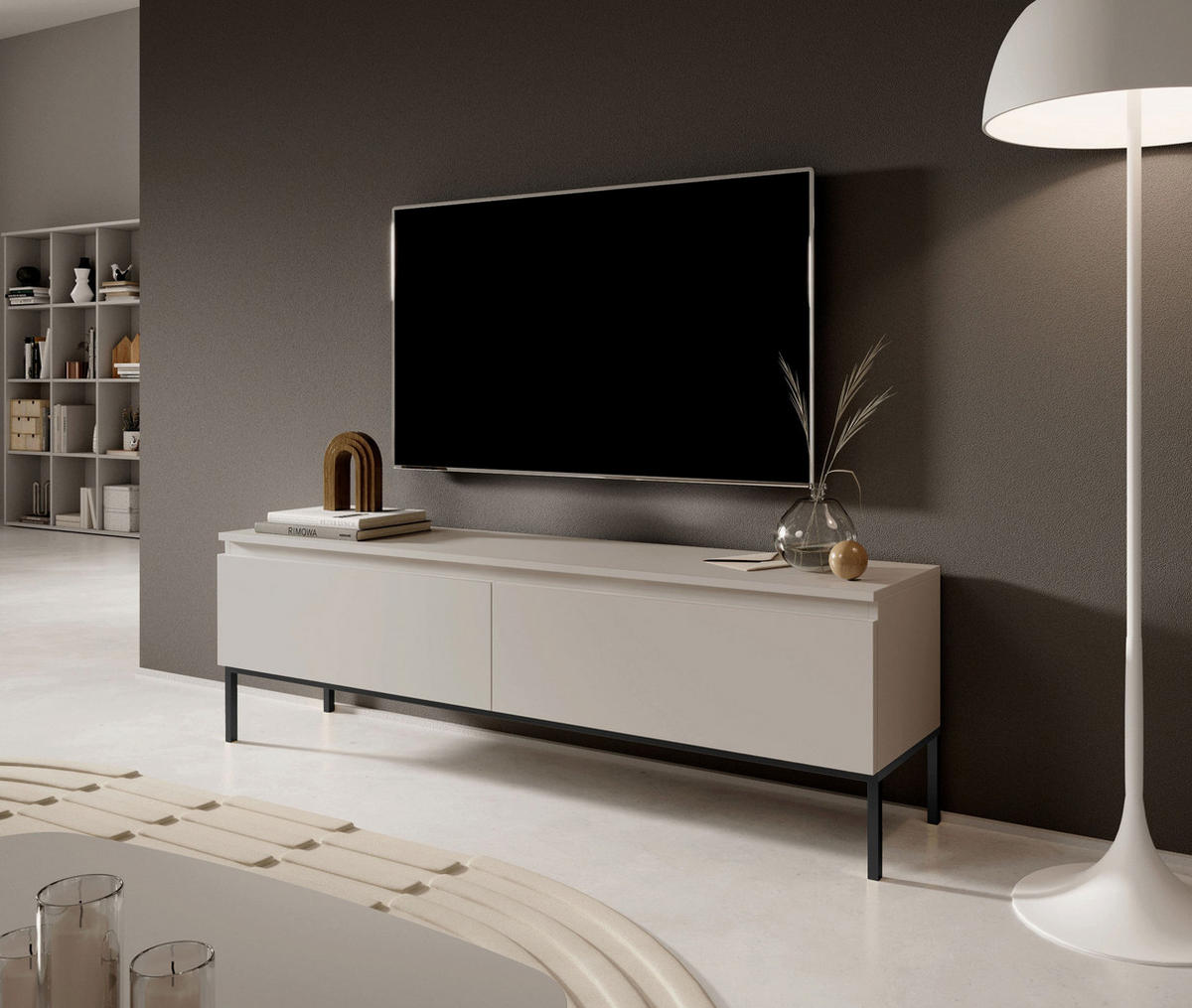 TV stolík Bemmi kašmírovo sivý na kovovom podstavci 150/46/32 cm - čierna/taupe, kov/kompozitné drevo (150/44.5/32cm) - Selsey