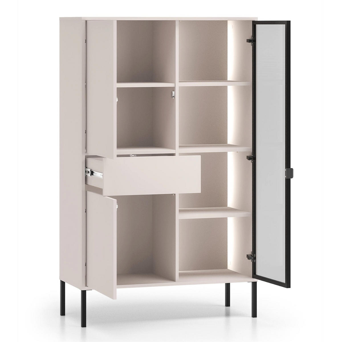 VITRINE Barnee 3-türig Kaschmirgrau, 92 cm - Taupe/Schwarz, Holzwerkstoff/Metall (150/91.6/40cm) - Selsey