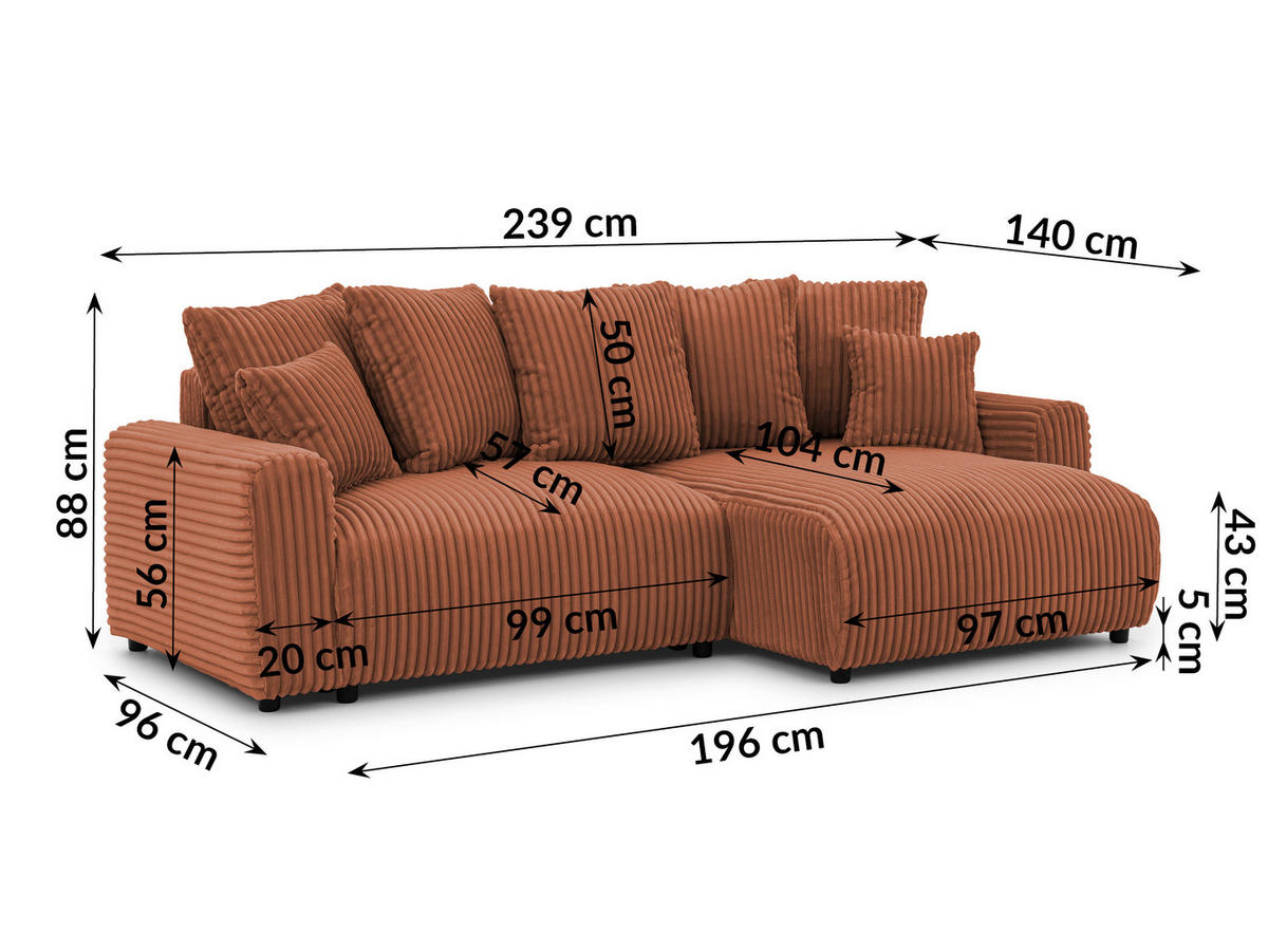 ECKSOFA Calma mit Schlaffunktion und Bettkasten im Bumpy-Design aus weichem Terrakotta Plüschcord - Ottomane rechts - Terracotta/Schwarz, Holz/Kunststoff (140/239cm) - S-Style