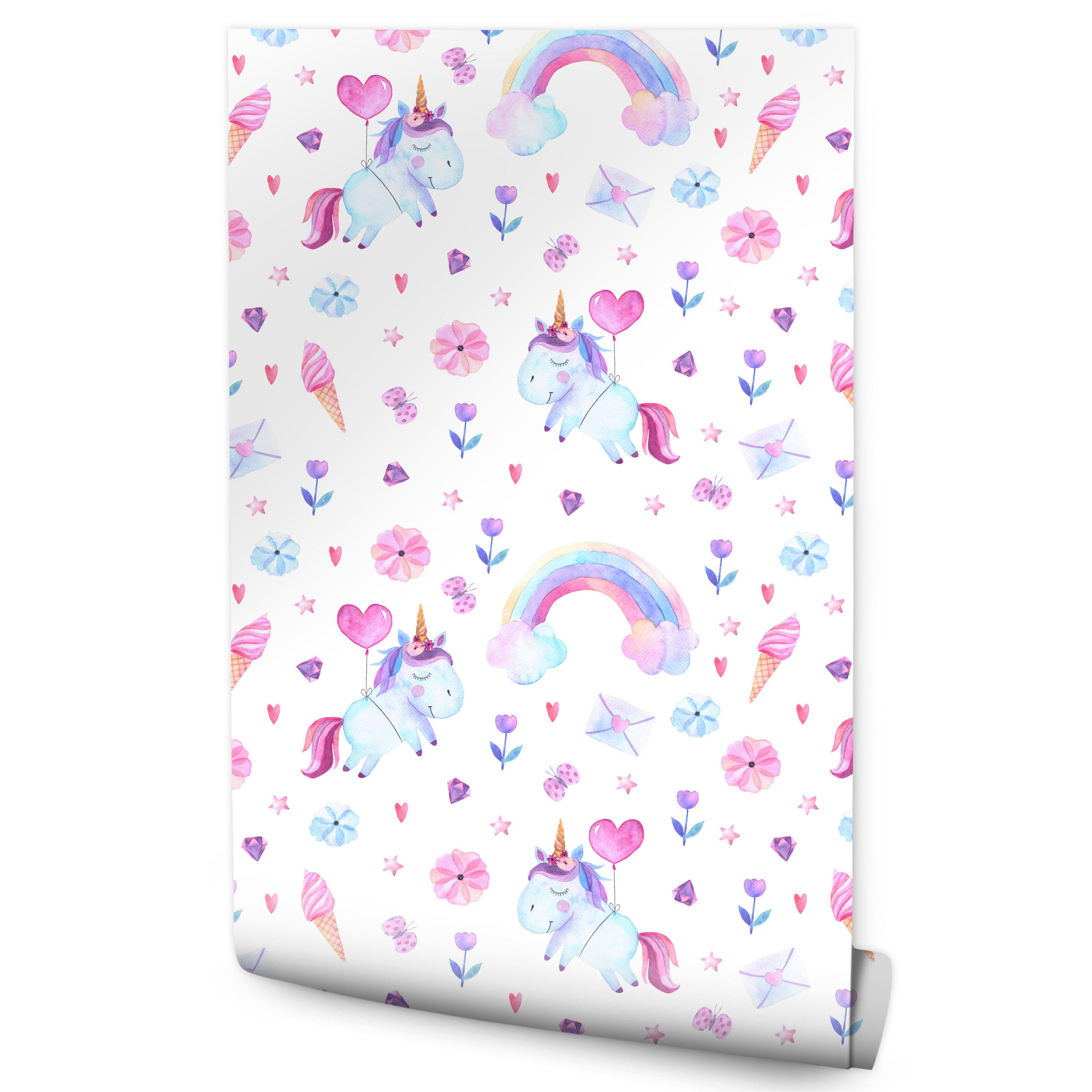 VLIESTAPETE Einhörner und Regenbogen – Rosa, Blau, Weiß – 50x1000 cm - Blau/Rosa, Papier (50/1000cm) - Muralo