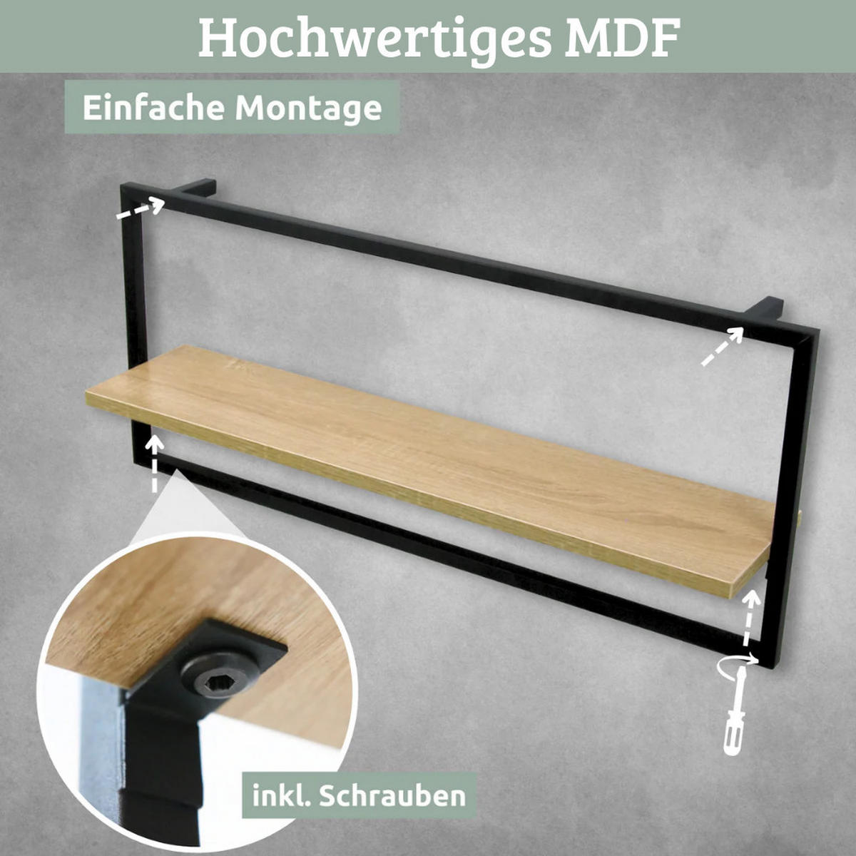 WANDREGAL Schwarz SYIOP MDF Metallrahmen Long - Braun, Holz (70/30/15cm) - DELUKE