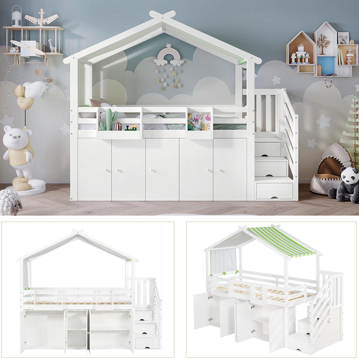 HAUSBETT 90/200 cm Weiß/Grün mit Stauraumtreppe und Kleiderschrank - Weiß, Holz (90/200cm) - Flora Grace