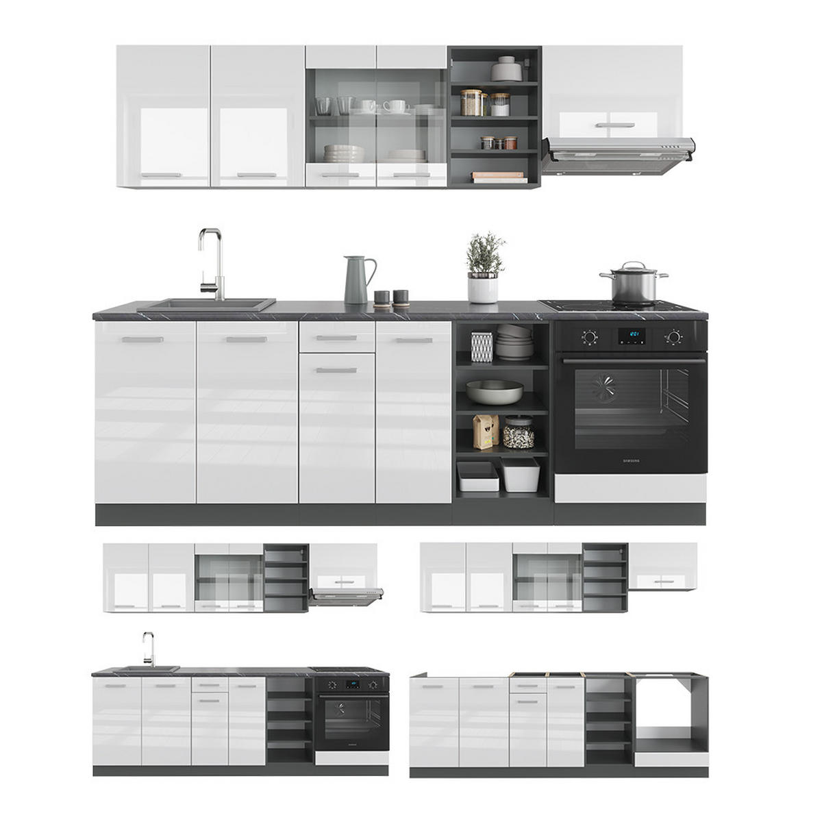 KÜCHENZEILE R-Line Weiß Hochglanz/Anthrazit 240 cm, AP Marmor - Weiß Hochglanz/Anthrazit, Holzwerkstoff (240/81.6/60cm) - Vicco