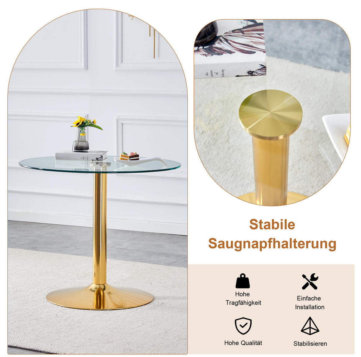 ESSZIMMER-SET 3-tlg. 85 cm Transparent Weiß-Gold - Weiß, Metall (85/76/85cm) - Meubliv