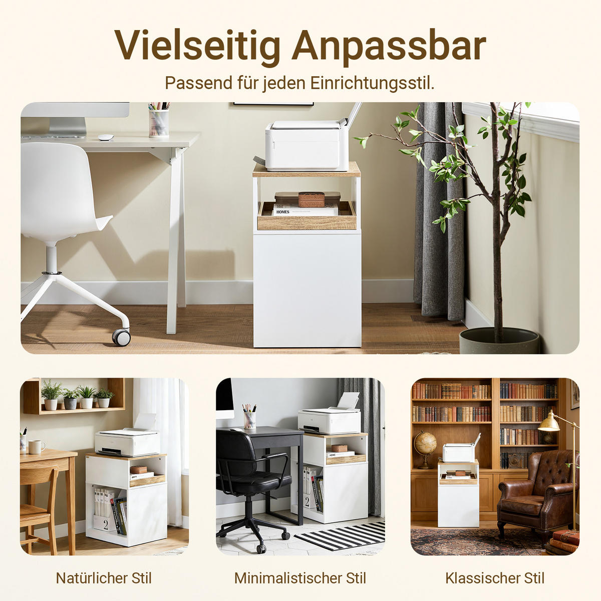 ROLLCONTAINER Druckertisch, Weiß-Natur 40x65x50cm - Weiß, Holzwerkstoff (40/65/50cm) - SoBuy