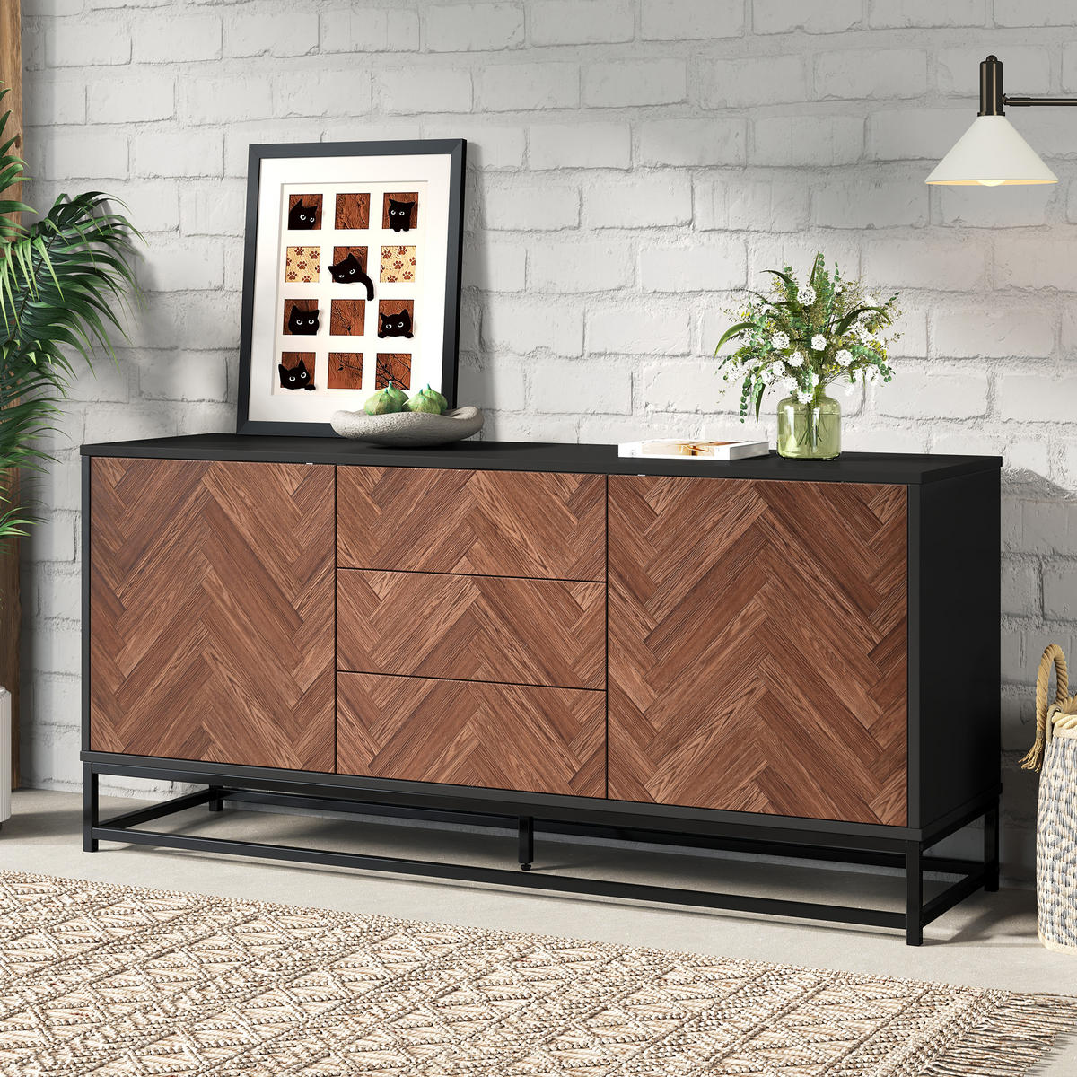 SIDEBOARD aus Spanplatte und Metall 145x40x67 cm Eichefarben-Schwarz mit 3 Schubladen, 2 Türen und verstellbaren Einlegeböden - Schwarz, Metall (145/67/40cm) - Modfu