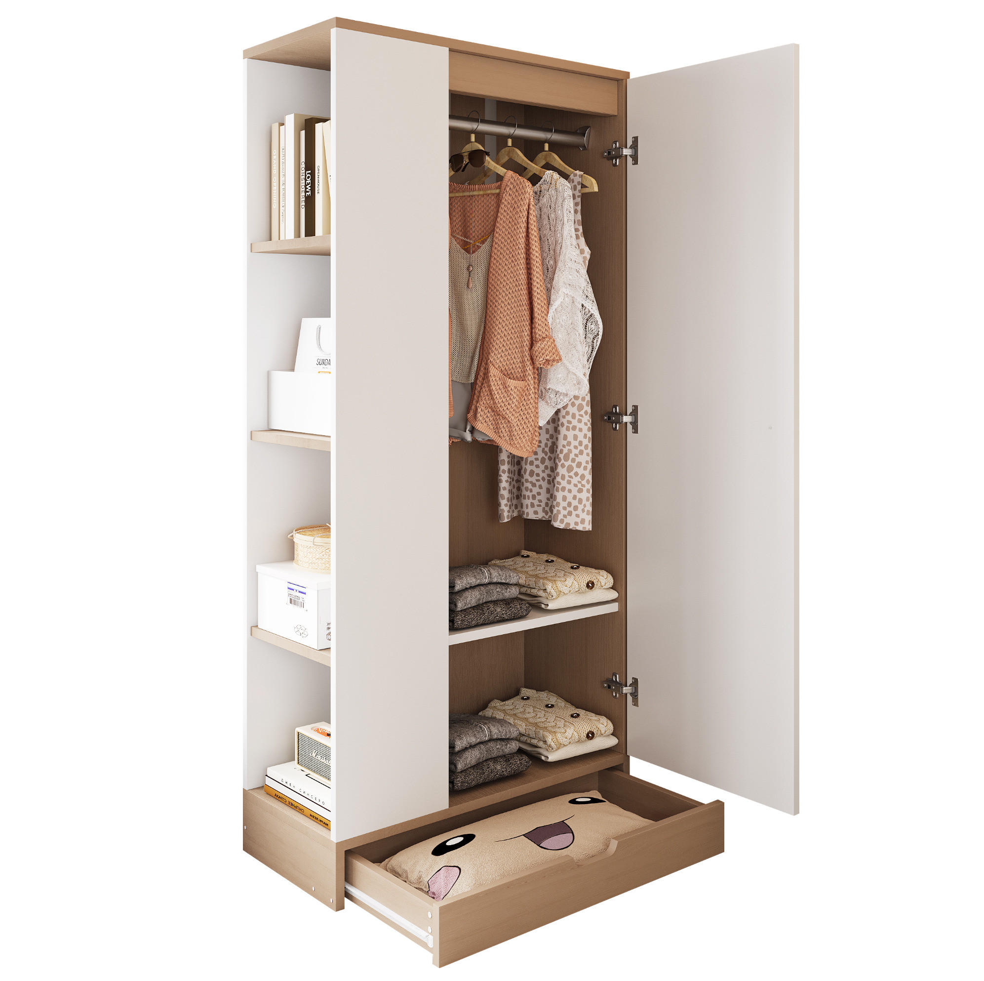 KLEIDERSCHRANK 70/40/170 cm aus Holz mit Einlegeböden und Schubladen, Naturholzfarbe + Weiß - Naturfarben, Holz (40/170/70cm) - OKMYHOME