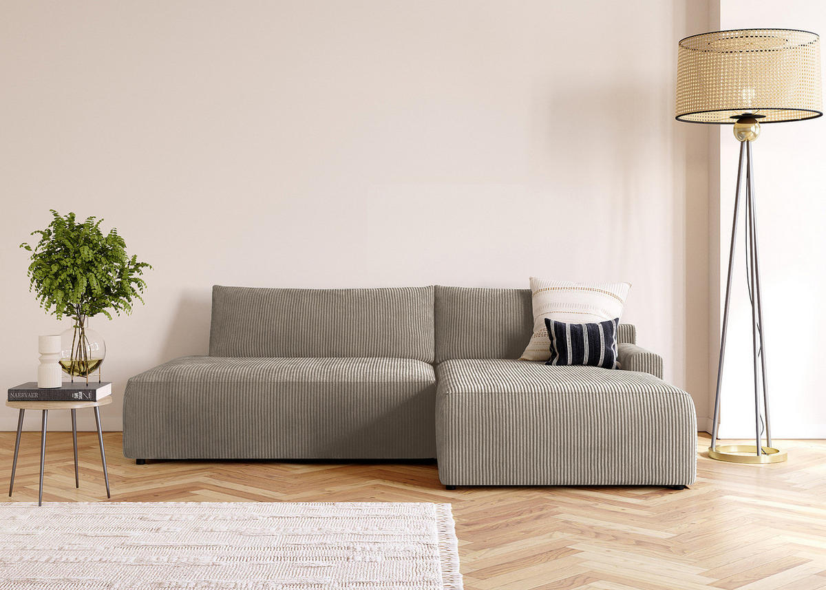 ECKSOFA mit Schlaffunktion - Longchair - Hellgrau/Schwarz, Kunststoff/Textil (253/167cm) - home24