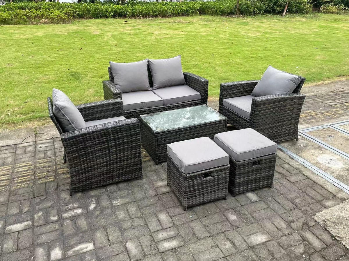 GARTENMÖBEL-SET Polyrattan Dunkelgrau 6-Sitzer - Dunkelgrau, Metall - Fimous