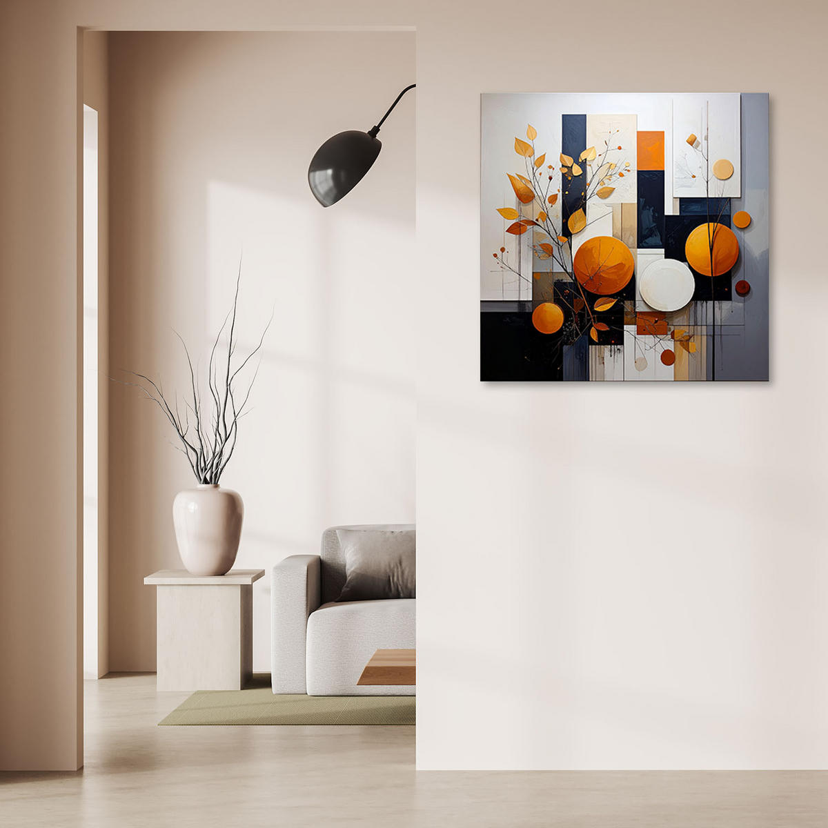 BILD auf Leinwand, Abstrakt Kreise Blätter beige orange - Orange, Textil (50/50cm) - Feeby
