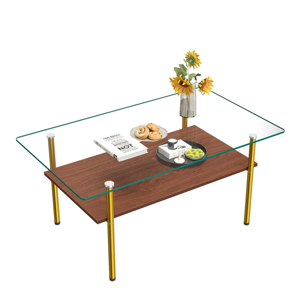 COUCHTISCH DE-37418 rechteckig mit Glasplatte Gold/Braun - Goldfarben/Braun, Metall (98/58/45cm) - ComfortXL