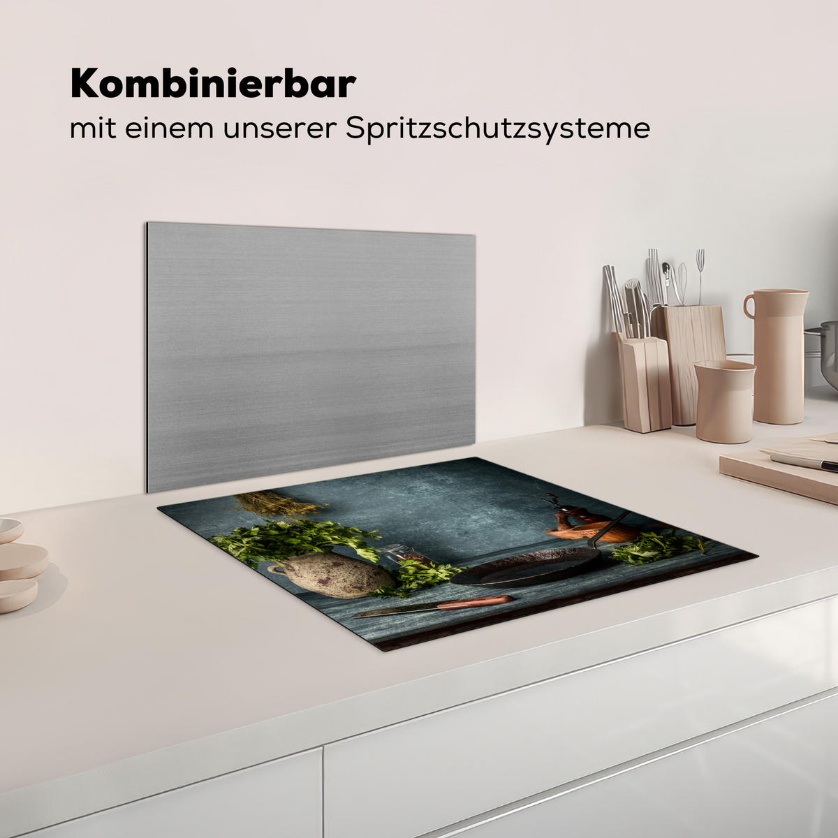 HERABDECKPLATTE - Kräuter - Gewürze - Pfanne - Messer - Grau - Rustikal - 60x50 - Petrol, Kunststoff (60/50/0.2cm) - MuchoWow