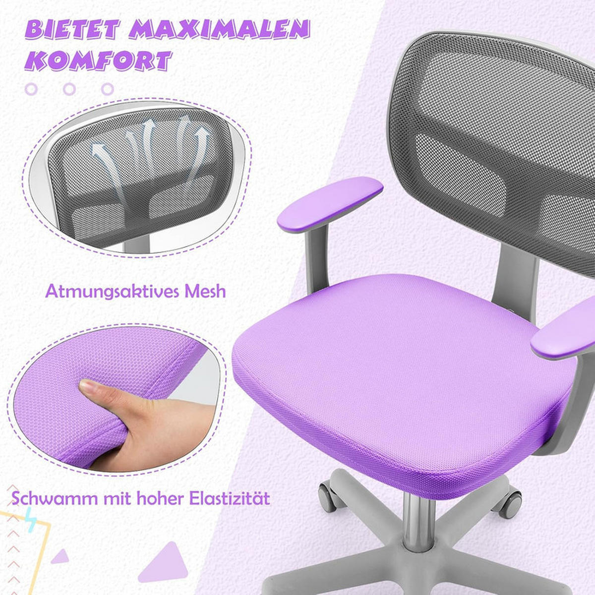 KINDER‑BÜROSTUHL 360°drehbar violett - Lila, Kunststoff (54/80/54cm) - COSTWAY