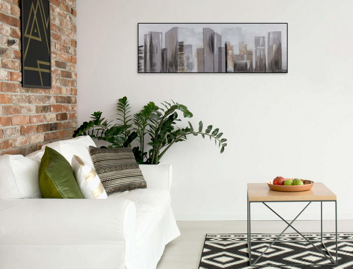 RUČNE MAĽOVANÝ AKRYLOVÝ OBRAZ 120/40 cm, sivý, krajinný motív - sivá, drevo/textil (120/40cm) - KUNSTLOFT