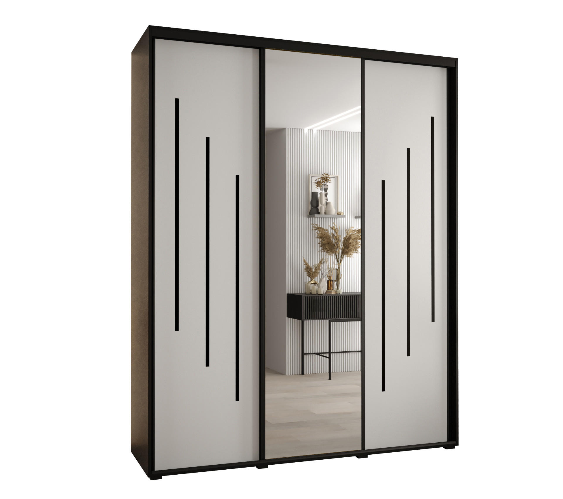 Abiks Möbel Schwebetürenschrank Schwarz, Weiß, Schwarz 200x235x60 cm