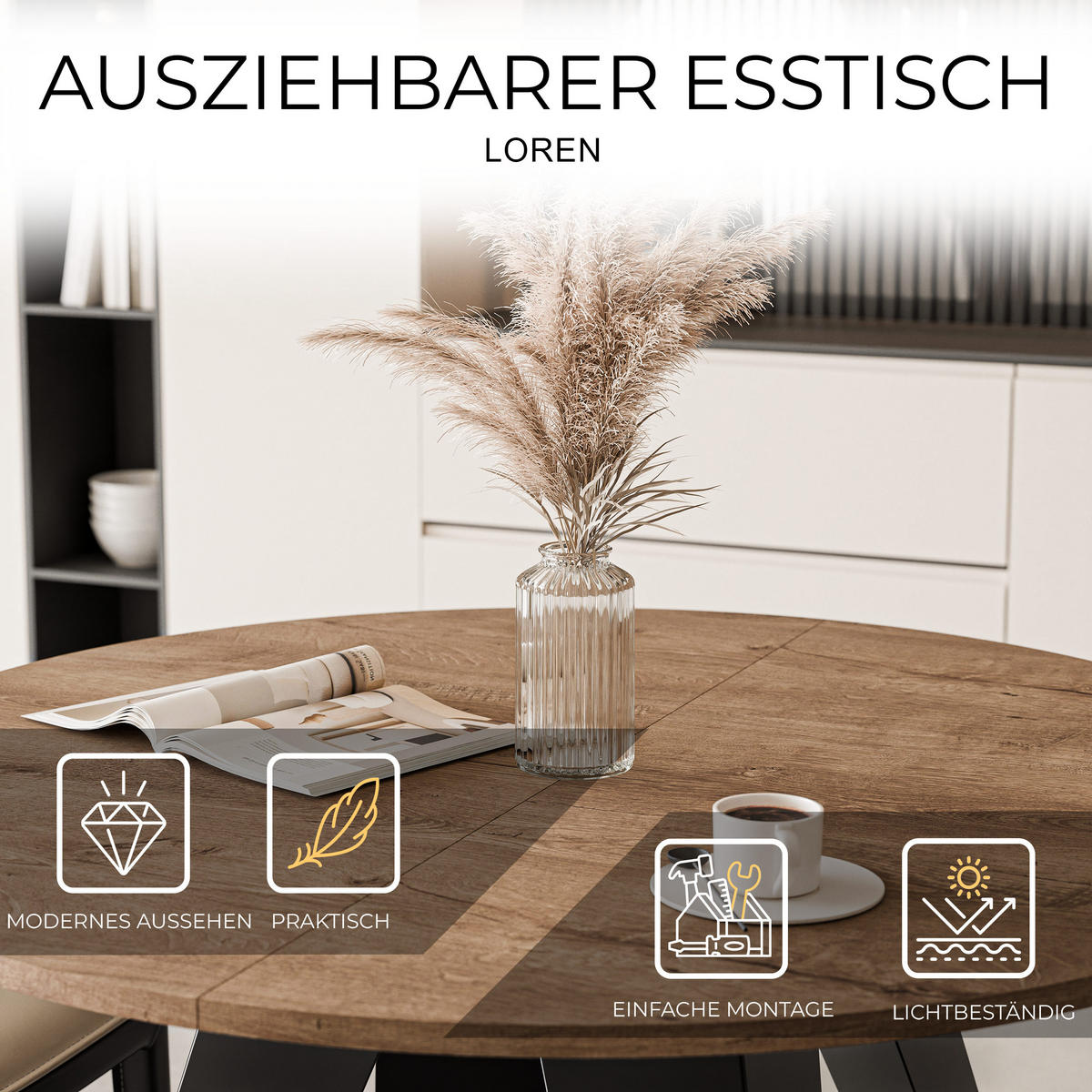 ESSTISCH ausziehbar auf MDF, Lefkas Eiche - Dunkelbraun/Schwarz, Holzwerkstoff (100/100/76cm) - Idohome