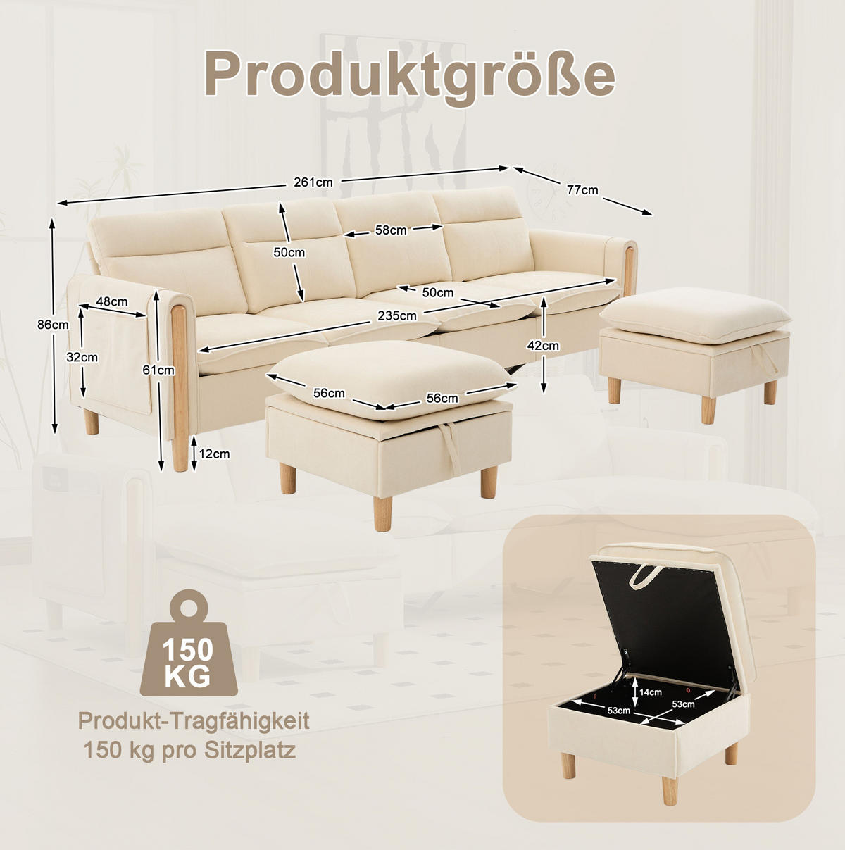 SOFA-SET 4-Sitzer mit 2 Hockern und Stauraum Chenille Beige - Beige, Holz (77/86/261cm) - Meubliv