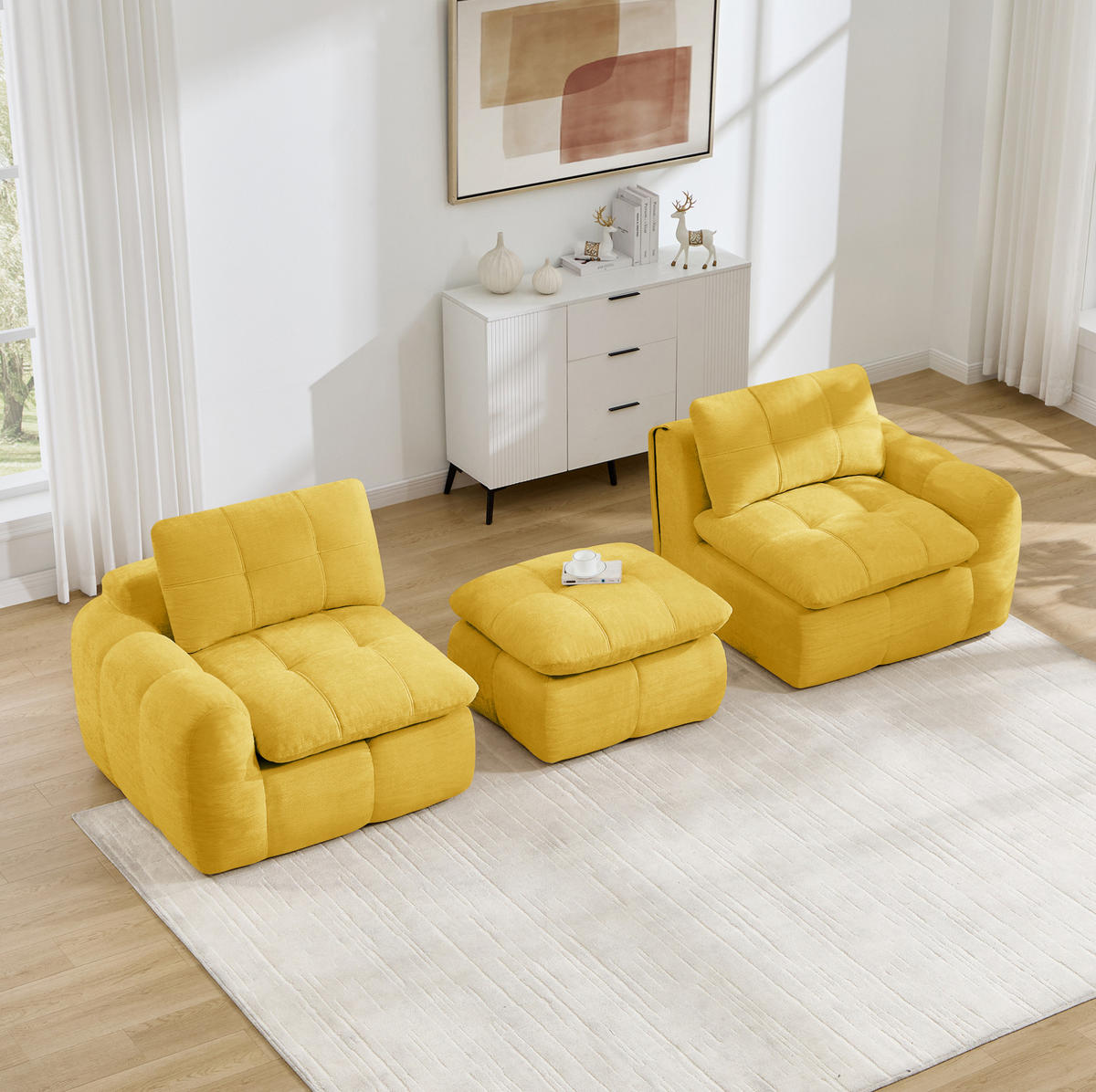 SOFA 194/160/68 cm in Gelb aus Chenille mit Hocker, rahmenlos und montagefrei - Gelb, Textil (160/68/194cm) - Flora Grace
