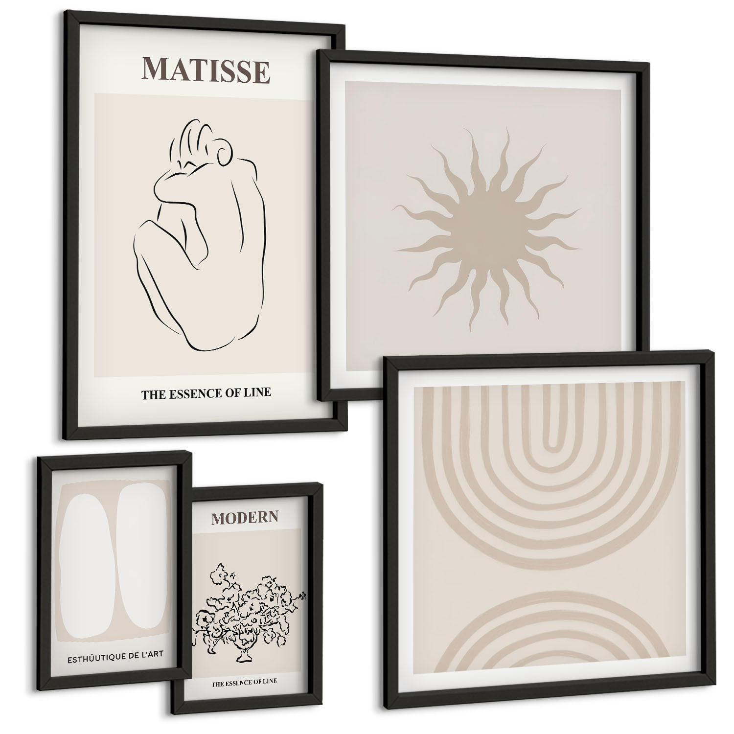 BILDER SET 5er Set - 50x50 cm & 20x30 cm & 40x60 cm Schwarzer Rahmen - Stilvolle minimalistische Linien - Schwarz, Kunststoff (40/60cm) - TULUP