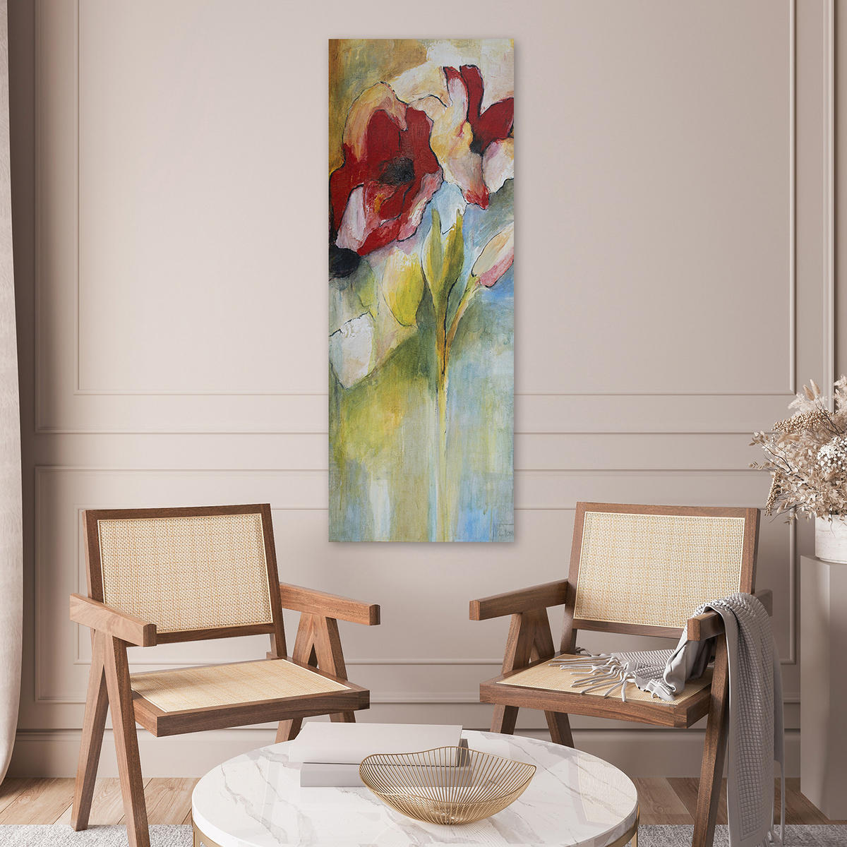 WANDBILD gemalte mohnblumen und rosenknospen - Multicolor, Textil (30/90cm) - Feeby