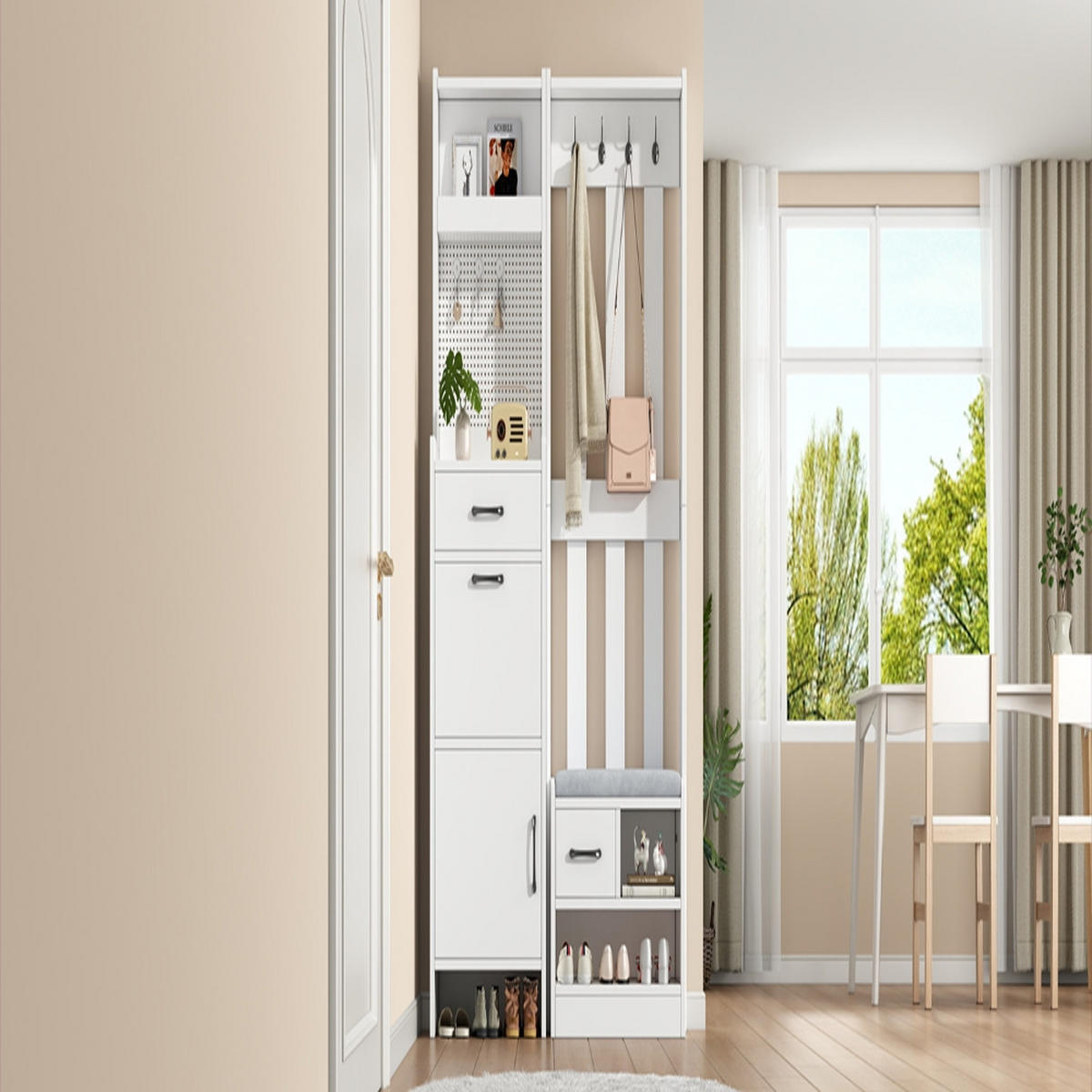 KÜCHENSCHRANK 7-in-1 Multifunktion, mit Schuhbank und Lochwand, Weiß, 110/175,5/35 cm - Weiß, Kunststoff (35/175.5/110cm) - Rolipo