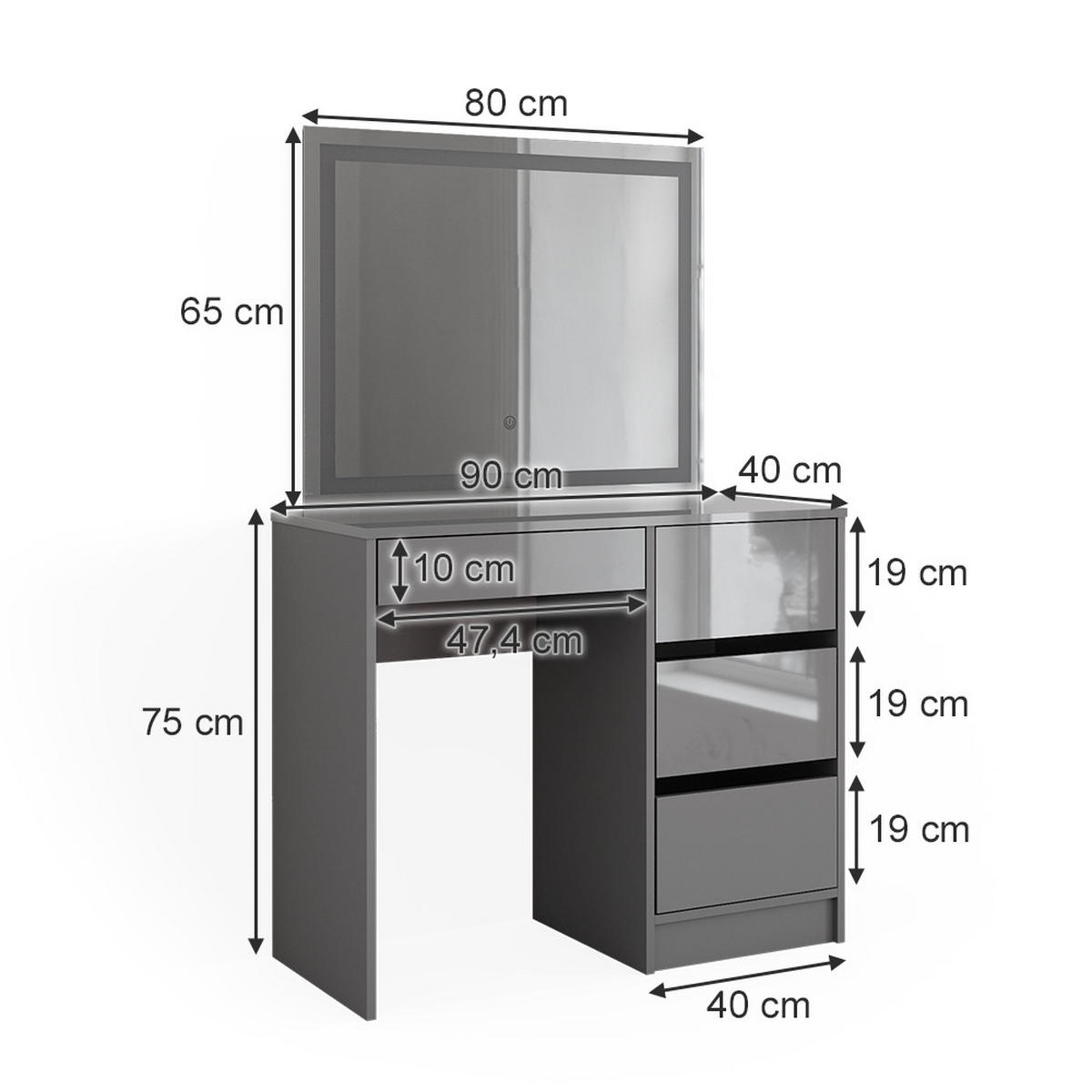 SCHMINKTISCH Sherry Grau 90 cm mit LED-Spiegel - Grau, Holzwerkstoff (90/75/40cm) - Vicco