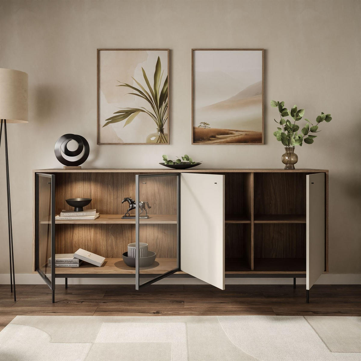 KOMMODE ISA 4D, viertürig mit LED-Beleuchtung. - Eichefarben, Holzwerkstoff (200/90/40cm) - Lookway