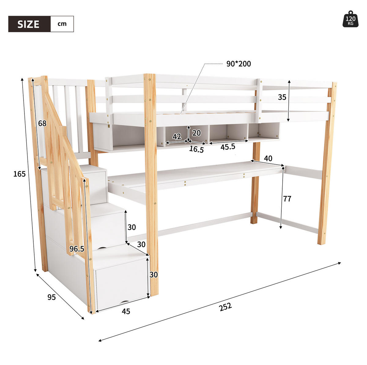 HOCHBETT 90/200 cm mit Schreibtisch, Treppe und Regalen, Weiß/Eiche - Weiß, Holzwerkstoff (90/200cm) - Redom