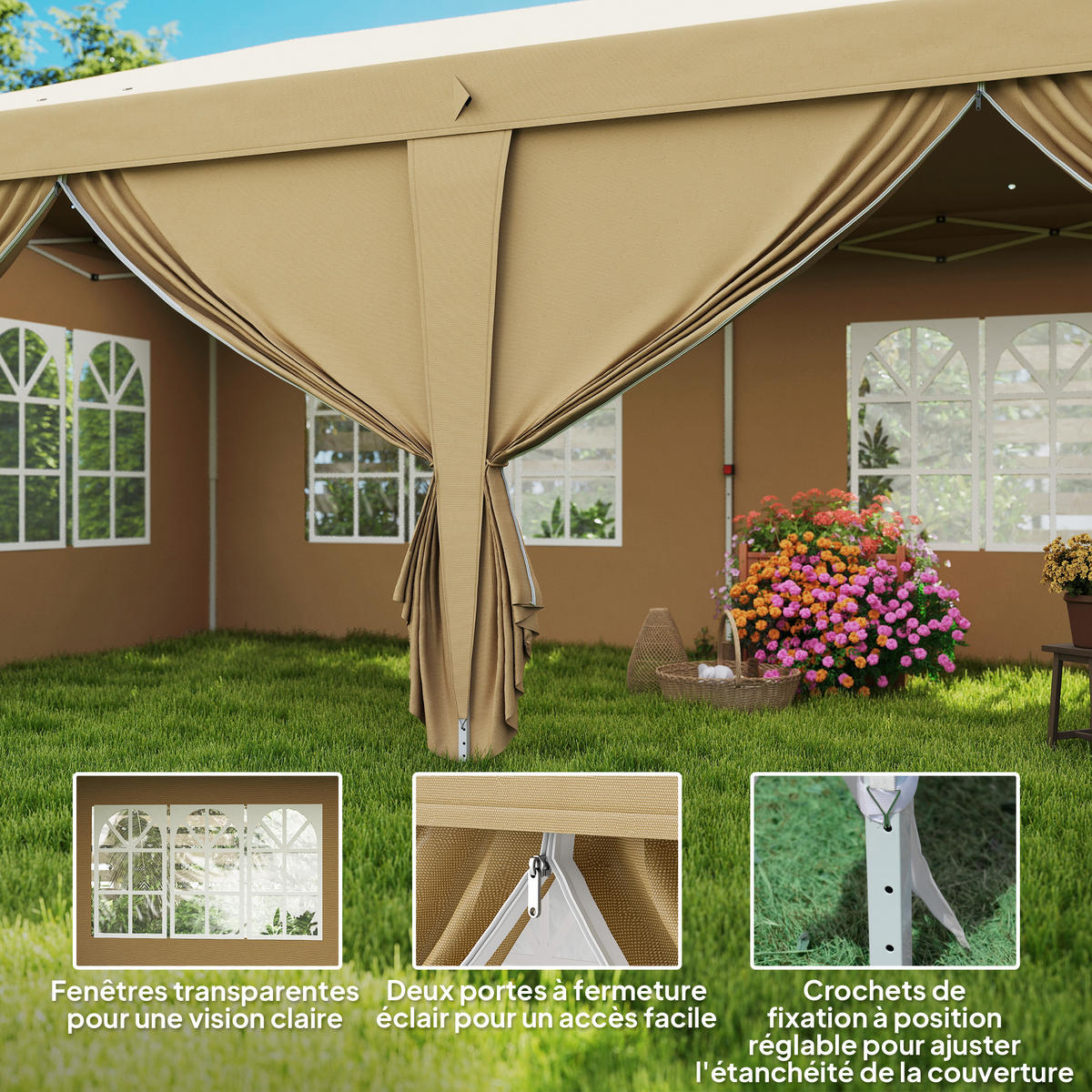 PAVILLON DE-14027 6/3 m, wasserdicht, 4 Seitenwände Khaki - Mokka, Textil (295/270/585cm) - ComfortXL