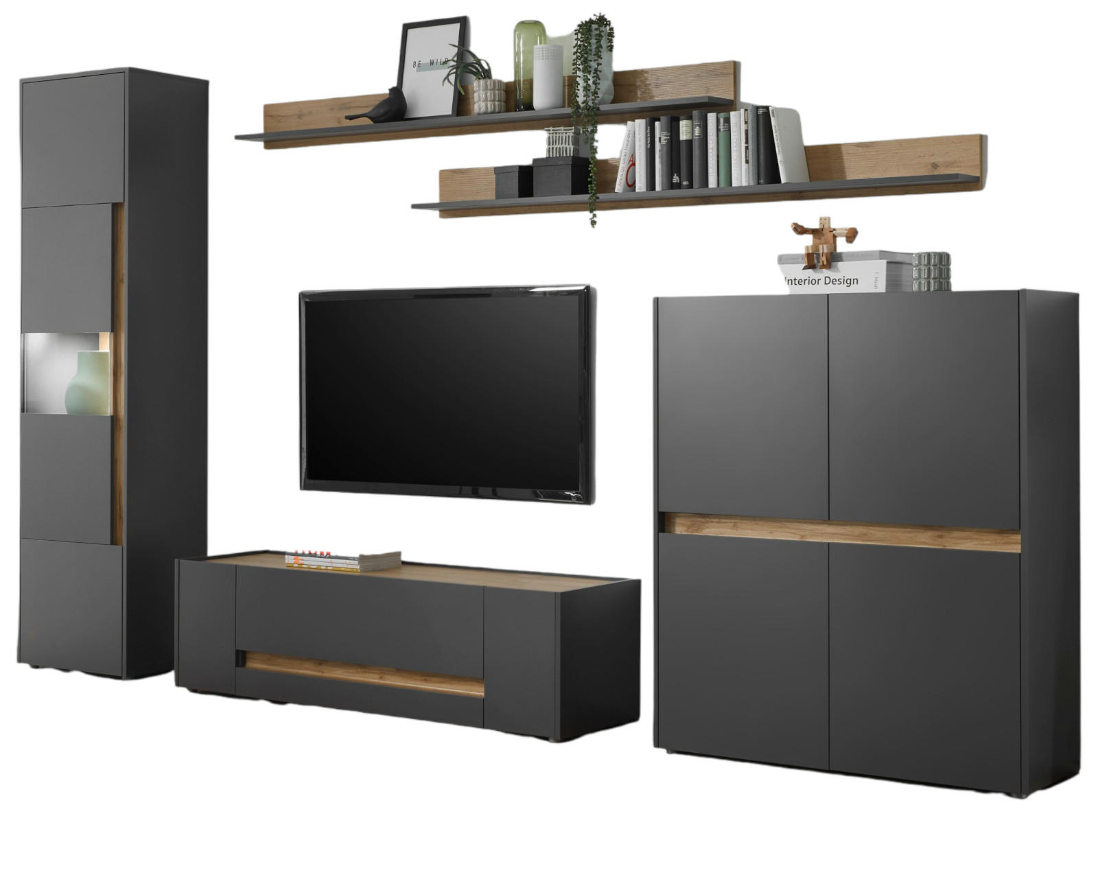 WOHNWAND 5-teilig grau matt, Eiche Wotan 330 cm, Schrankwand mit 15 Fächern - Eiche Wotan/Grau, Glas/Holz (330/197/45cm) - Furn.Design