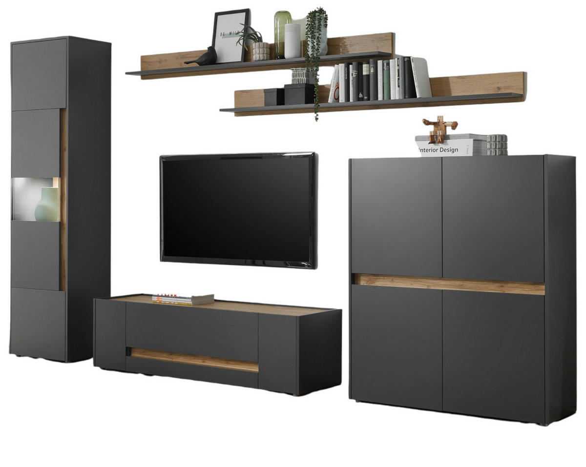 WOHNWAND 5-teilig grau matt, Eiche Wotan 330 cm, Schrankwand mit 15 Fächern - Eiche Wotan/Grau, Glas/Holz (330/197/45cm) - Furn.Design