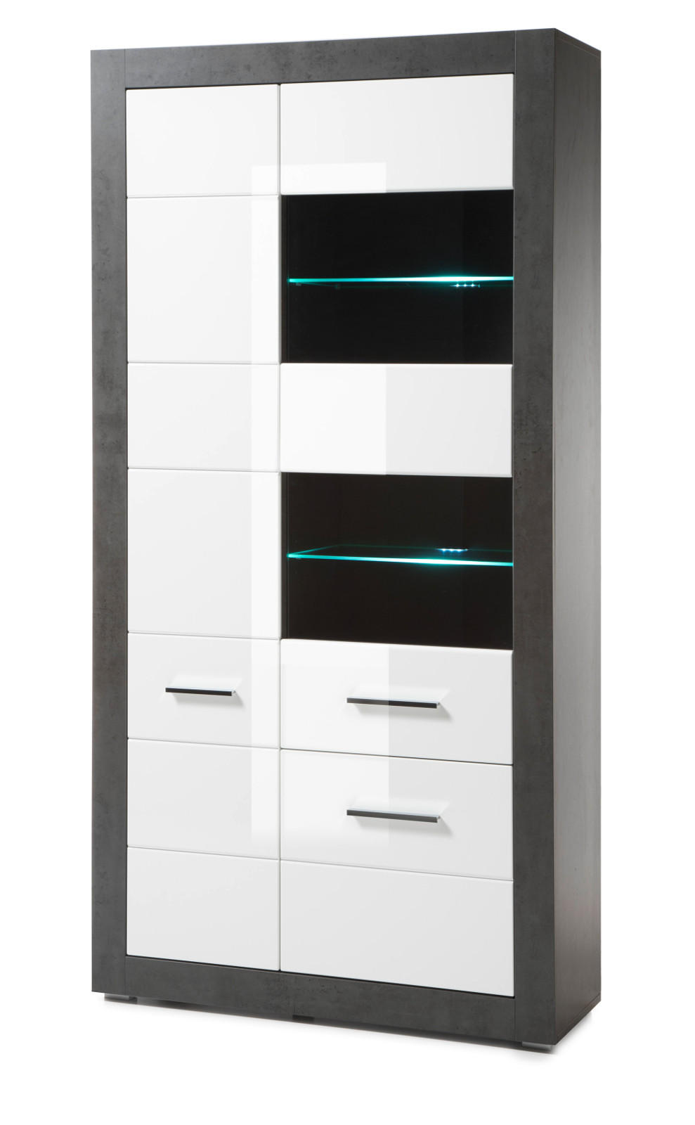 VITRINE weiß Hochglanz, grau Stone 100 cm, Vitrinenschrank mit 10 Fächern - Chromfarben/Weiß Hochglanz, Glas/Holzwerkstoff (100/198/35cm) - Furn.Design