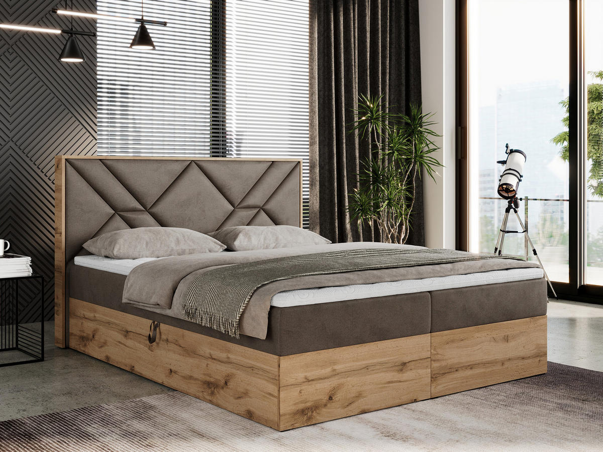 BOXBETT GUNAR - 140/200 Braun Velvet - H3 - Braun, Holz/Textil (140/200cm) - MKS