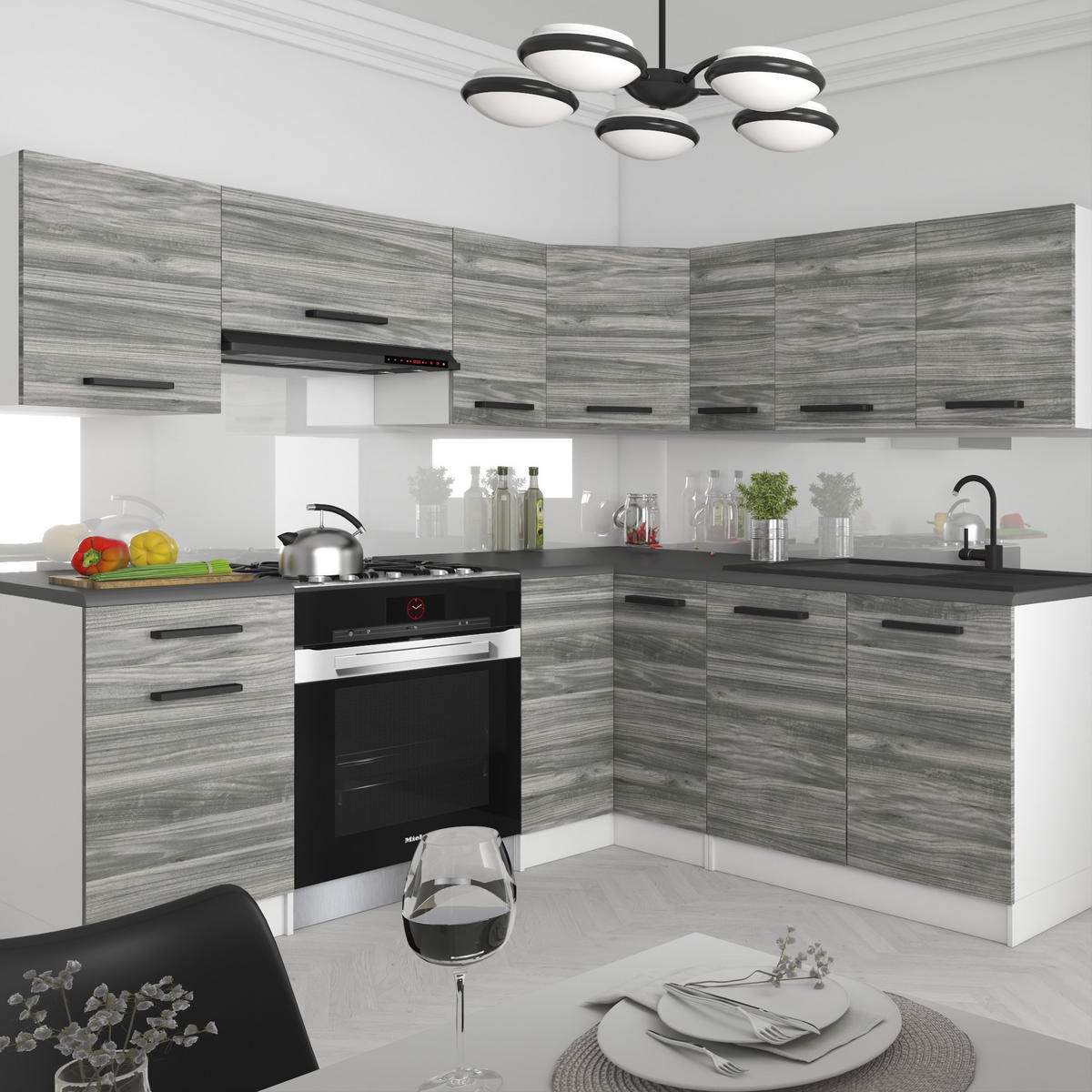 KUCHYNSKÁ linka Italia 6 360 cm, s pracovnou doskou, sivá Glamour - svetlosivá, drevo (360/143/60cm) - B BELINI GROUP