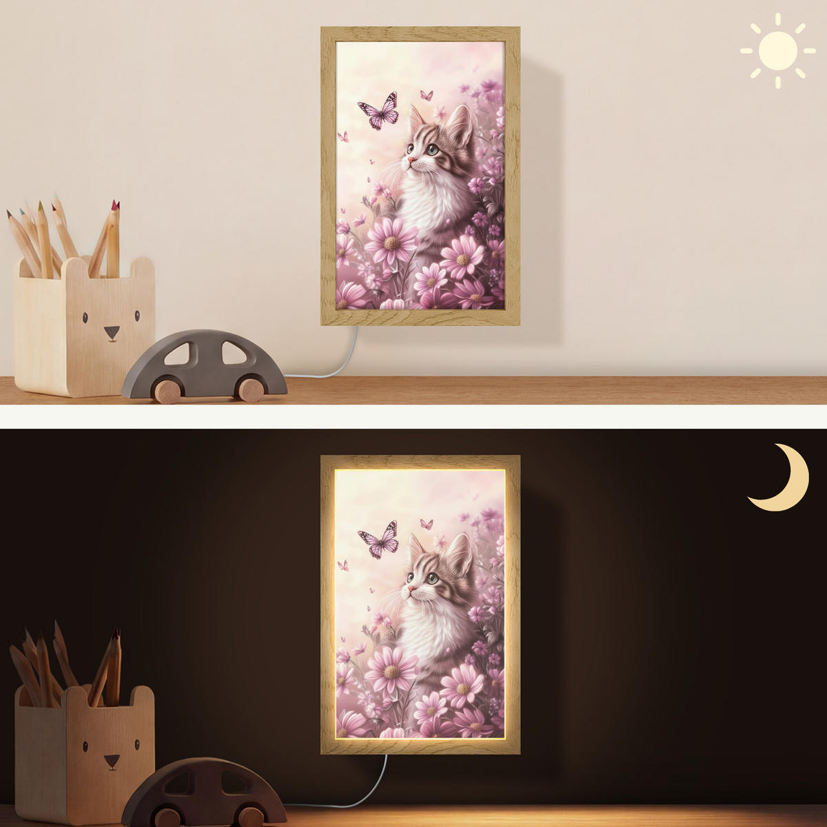 NÁSTĚNNÁ LAMPA Koťátko - Květiny - Motýli - Fialová 20x30 cm - starorůžová, kompozitní dřevo (20/30/8cm) - OnlyWow