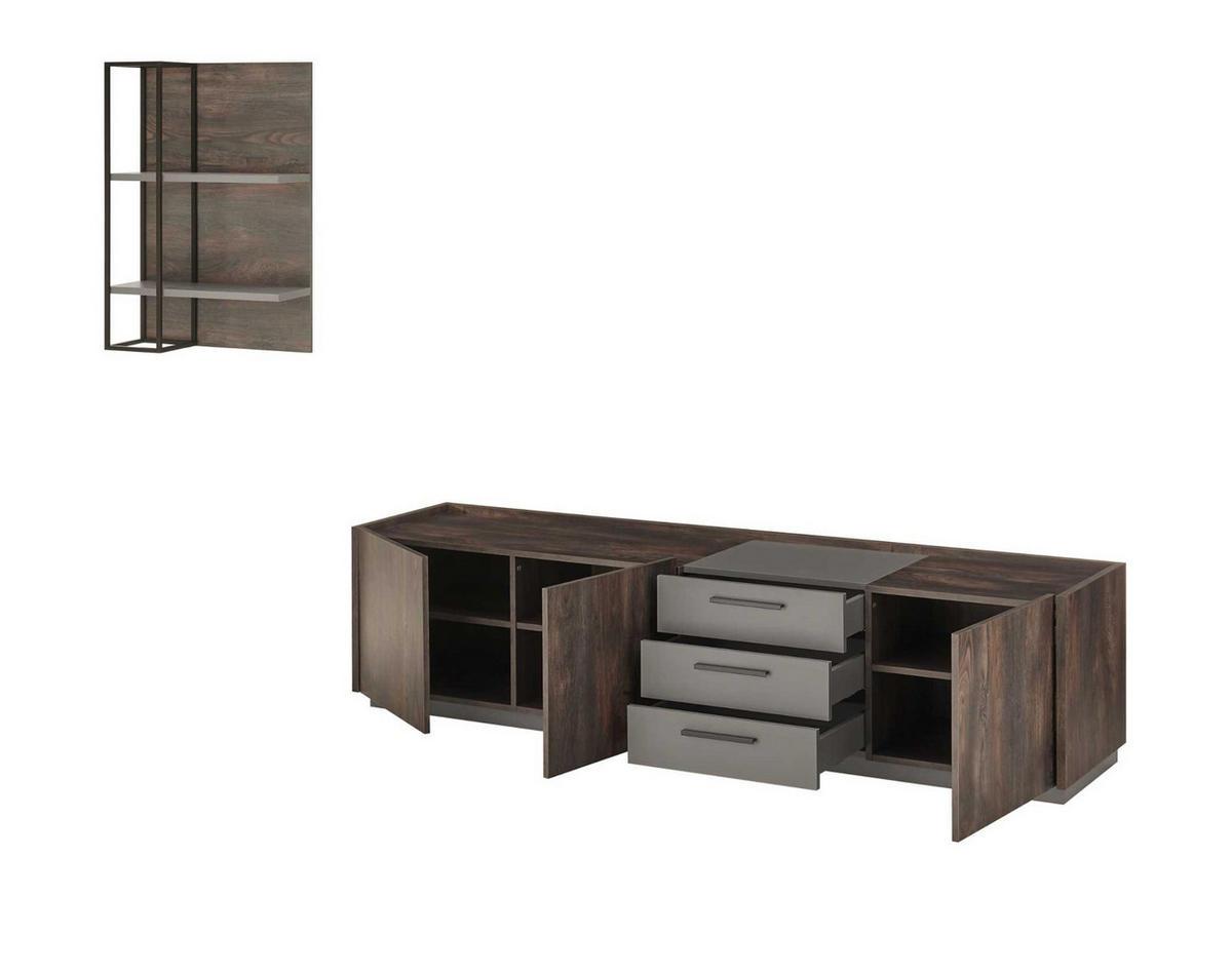 WOHNWAND Thermo Eiche, grau, Wohnkombination 3-teilig mit Soft-Close 300 x 200 cm - Eichefarben/Grau, Holzwerkstoff/Metall (300/200/45cm) - Furn.Design
