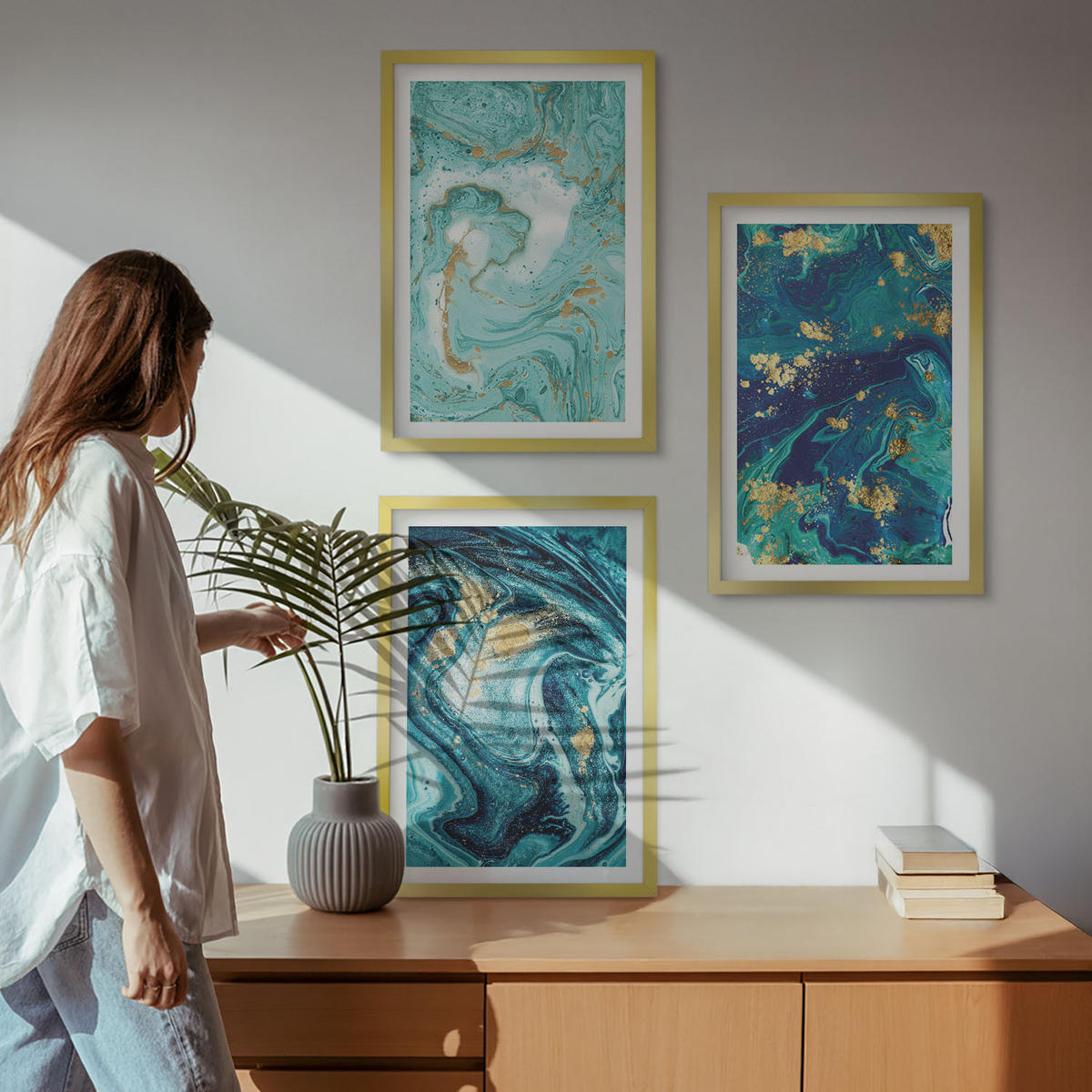 WANDBILDER 3er Set - 40x60 cm Goldrahmen - Abstraktion von Türkisfarbe - Goldfarben, Kunststoff (40/60cm) - ArtPrintCave