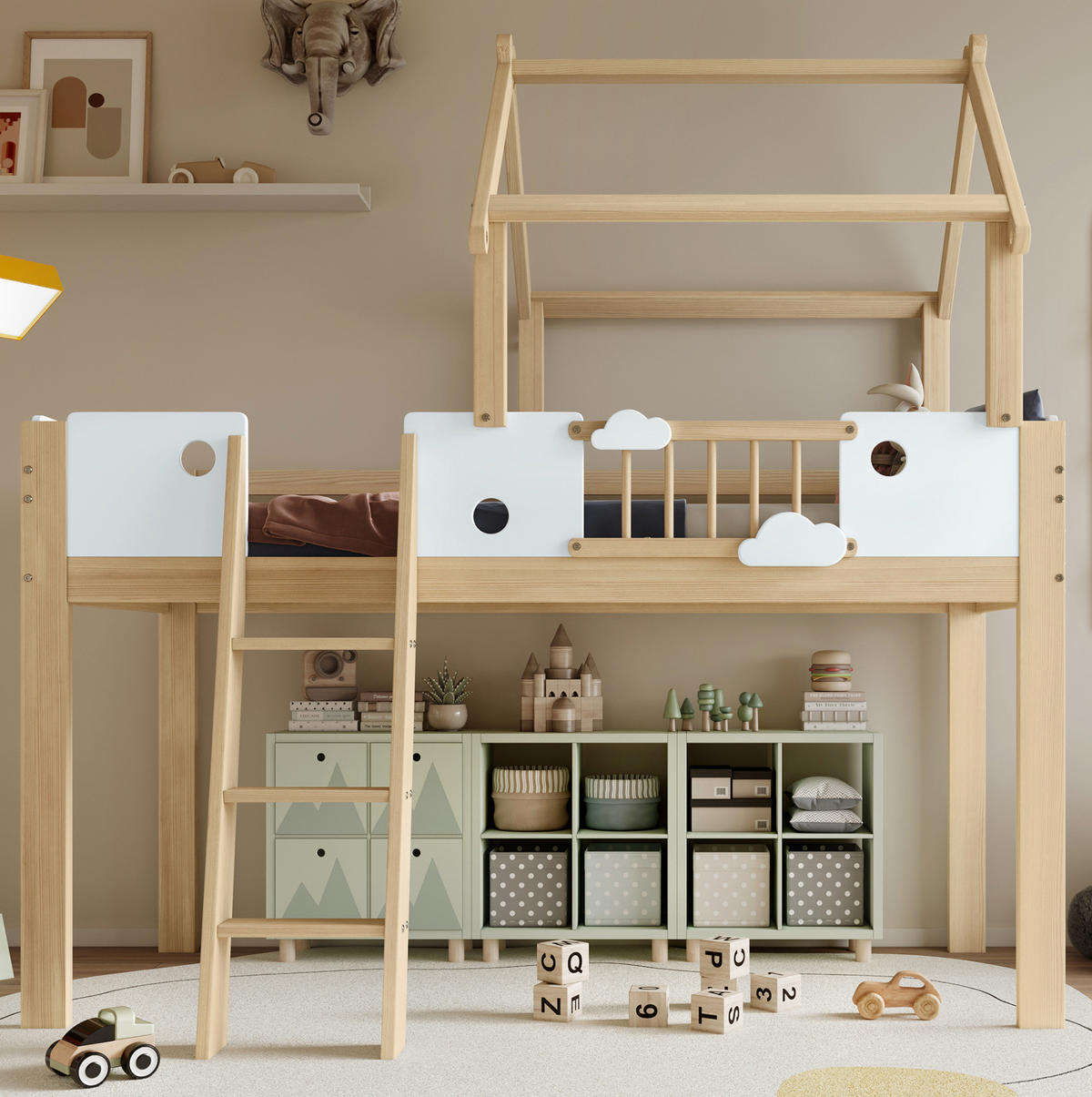 HOCHBETT 90/200 cm aus Kiefer/MDF mit Dachdesign, Fallschutz, 3-stufiger Leiter und frei nutzbarem Unterraum, Weiß/Natur - Weiß, Holzwerkstoff (90/200cm) - Redom