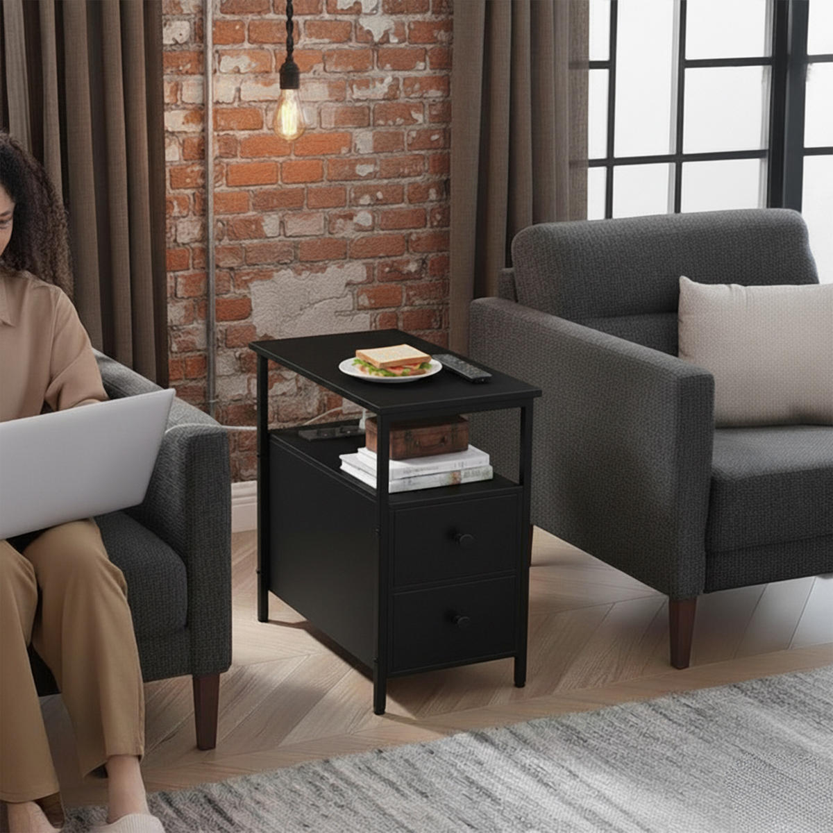 BEISTELLTISCH - Schwarz, Holzwerkstoff/Metall (60/35/61cm) - Relaxdays