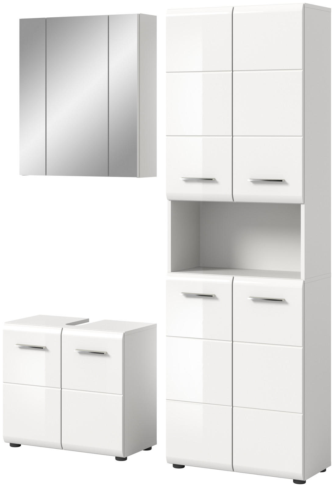 BADMÖBEL-SET 3-teilig weiß Hochglanz, Badkombination 135 cm mit viel Stauraum - Weiß Hochglanz/Silberfarben, Glas/Holzwerkstoff (135/185/30cm) - Inn.Furn