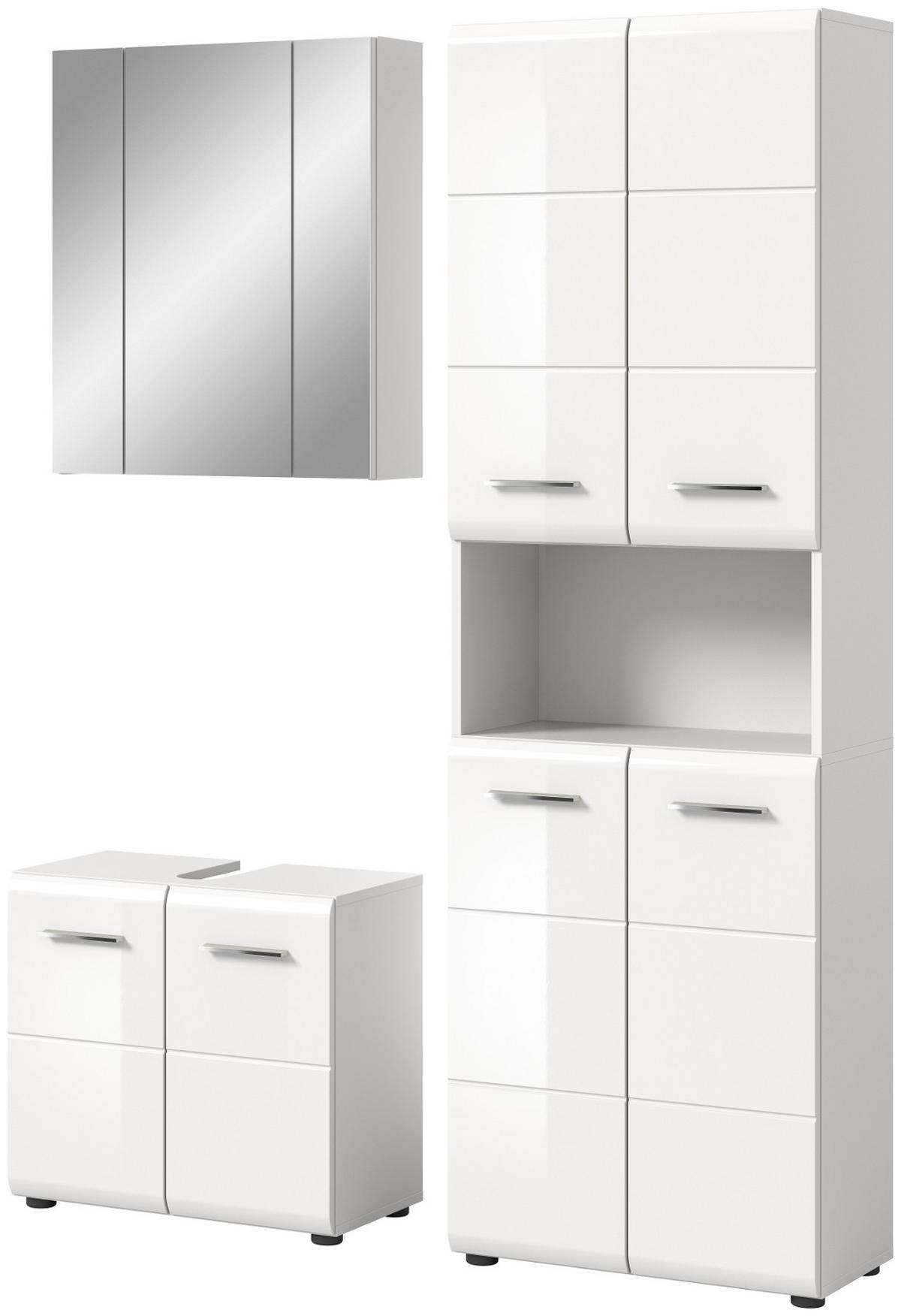 BADMÖBEL-SET 3-teilig weiß Hochglanz, Badkombination 135 cm mit viel Stauraum - Weiß Hochglanz/Silberfarben, Glas/Holzwerkstoff (135/185/30cm) - Inn.Furn