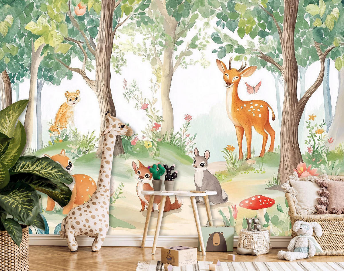 TAPETE Kinderzimmer Wald Tiere Vlies Fototapete 250x175 - Grün, Papier (250/175cm) - Wallarena
