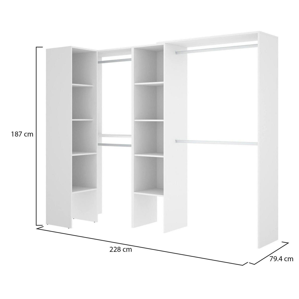OFFENER KLEIDERSCHRANK Quadro Holz-Effekt Weiß 79.4x228h187 - Weiß, Holzwerkstoff (228/187/79cm) - DMORA