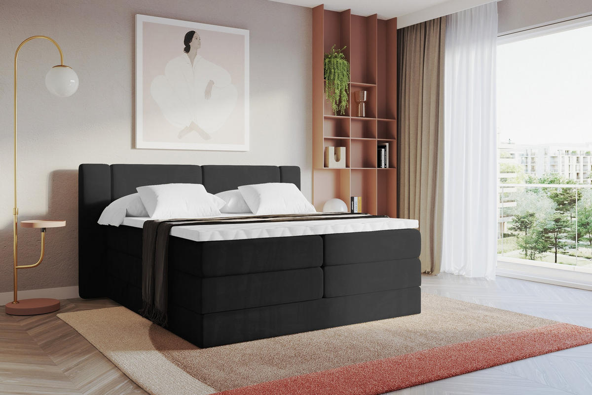 BOXSPRINGBETT mit Matratze H3/H4 - EVON KING - 140x200 cm Schwarz - Schwarz, Holzwerkstoff (140/200cm) - ALTDECOR