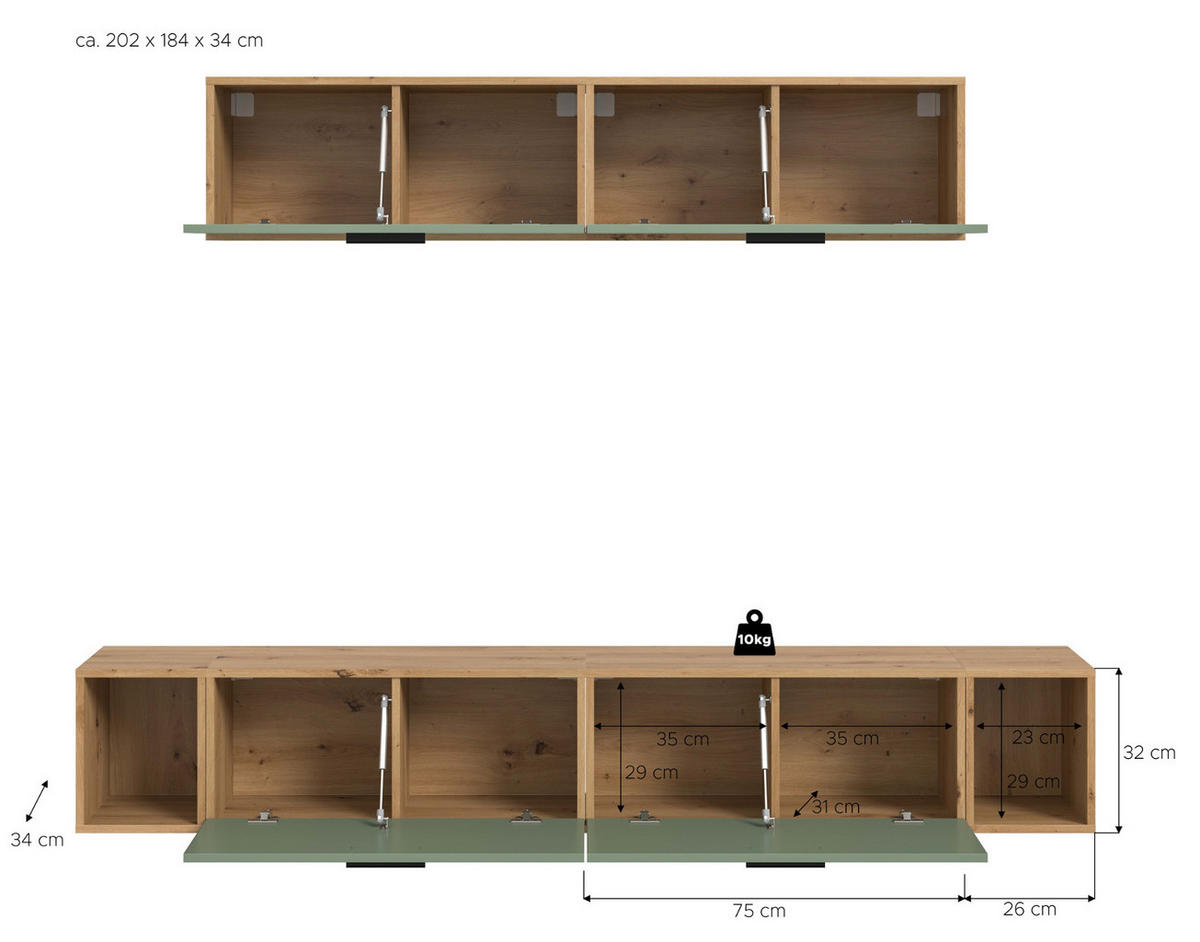 WOHNWAND grün, Eiche Artisan 202 cm, Schrankwand mit Soft-Close - Schwarz/Eiche Artisan, Holzwerkstoff/Kunststoff (202/184/34cm) - Inn.Furn