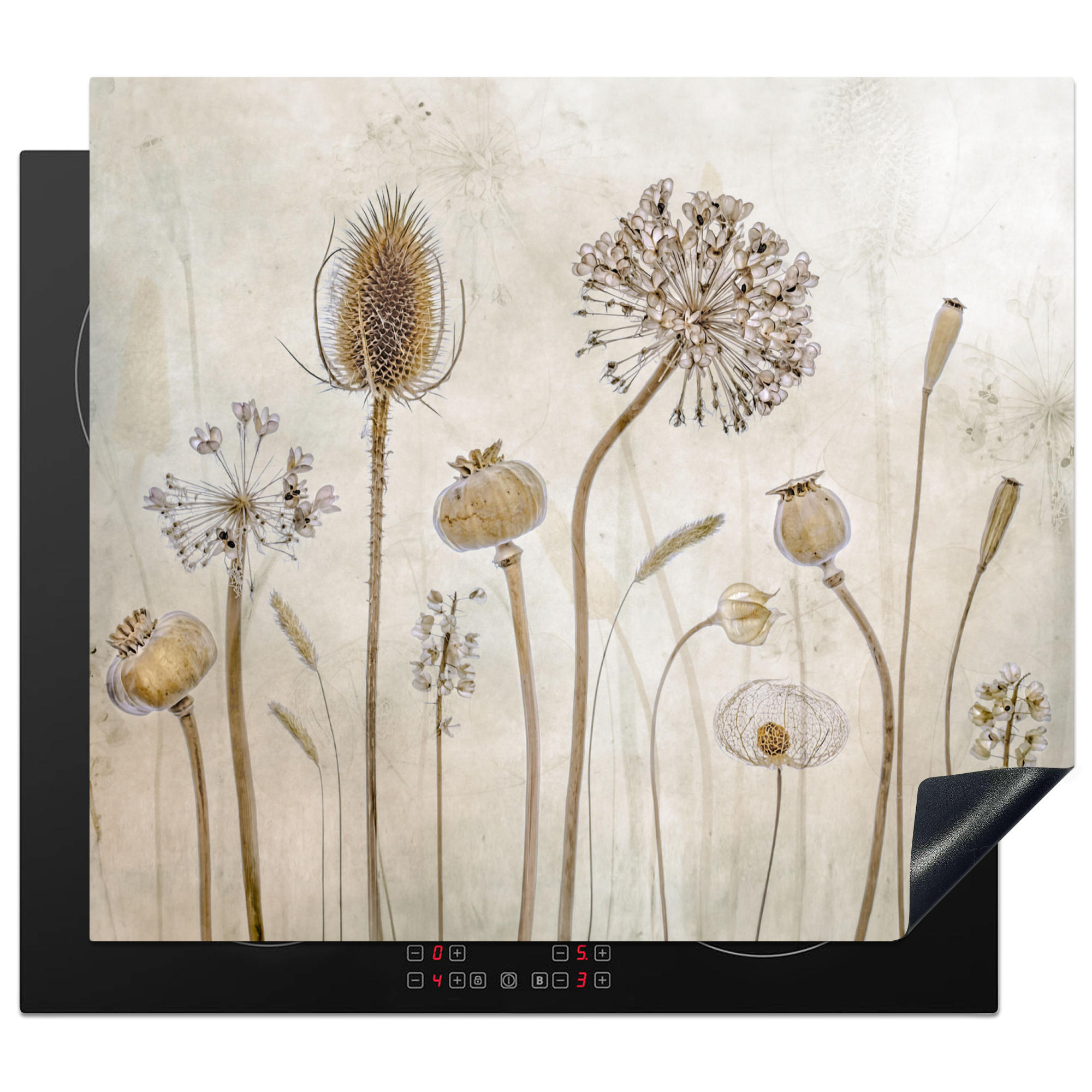 HERDABDECKPLATTE Blumen - Aquarell - Stilleben - Braun - Vintage 59x52 cm - Sandfarben, Kunststoff (59/0.2/52cm) - MuchoWow