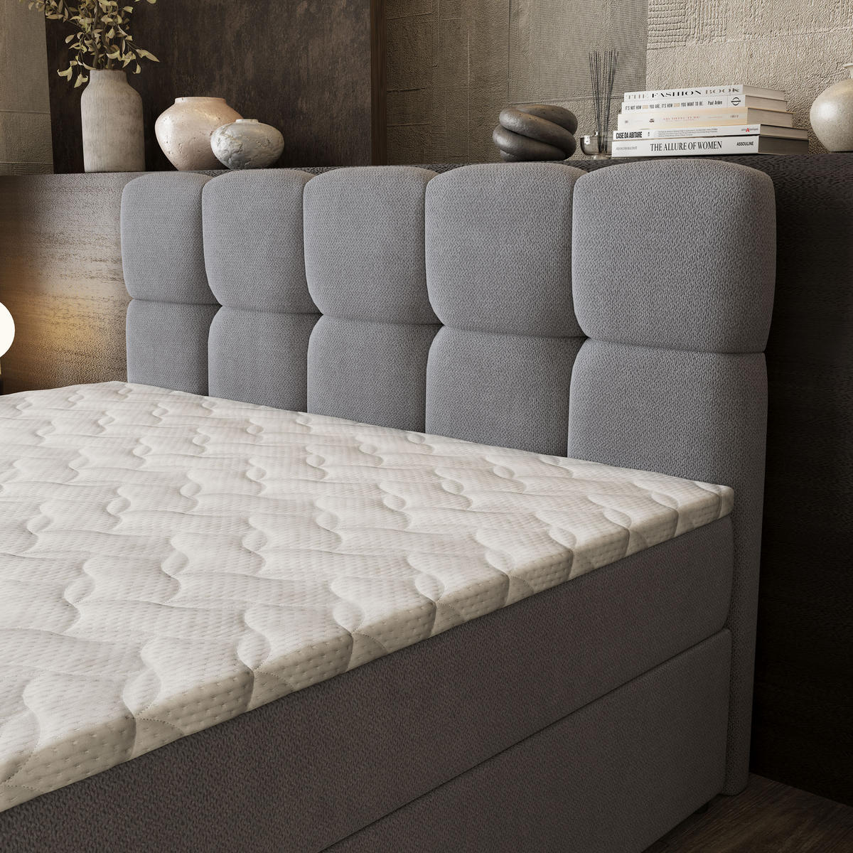 BOXBETT BRUME 180x200 cm mit Matratze und Topper, H2+H3 - Grau - Grau, Holz (180/200cm) - MASSENO