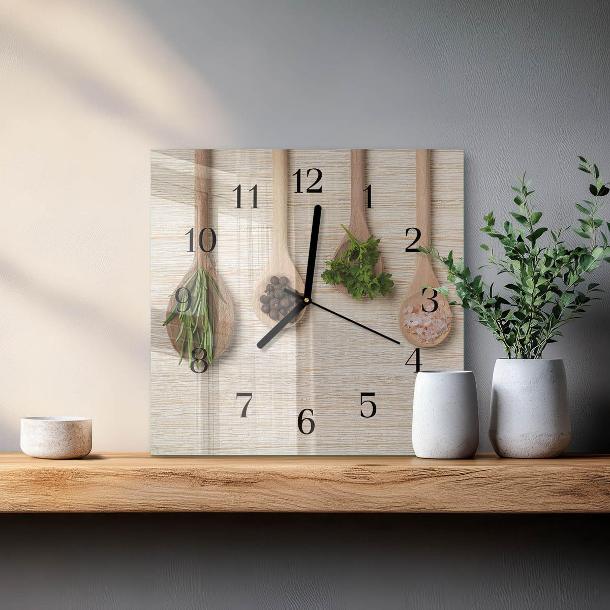 WANDUHR 30x30 cm - Holzlöffel - Braun, Glas (30/30/0.4cm) - TULUP