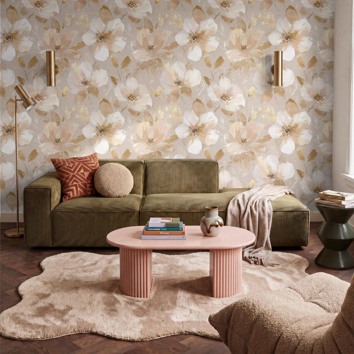TAPETE - Blumen - künstlerisch - Gold - 350x240 cm - Beige, Papier (350/240cm) - OnlyWow