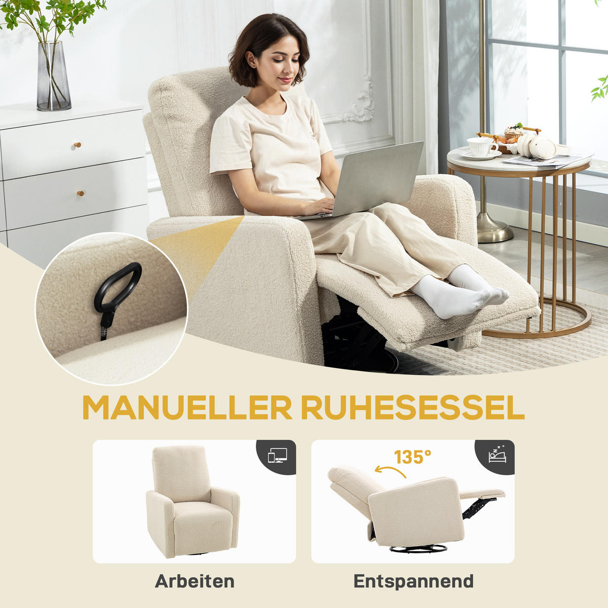 RELAXSESSEL, Fernsehsessel mit Liegefunktion, Wippfunktion, Fleece-Optik Beige - Beige, Textil (76/100/94cm) - HOMCOM